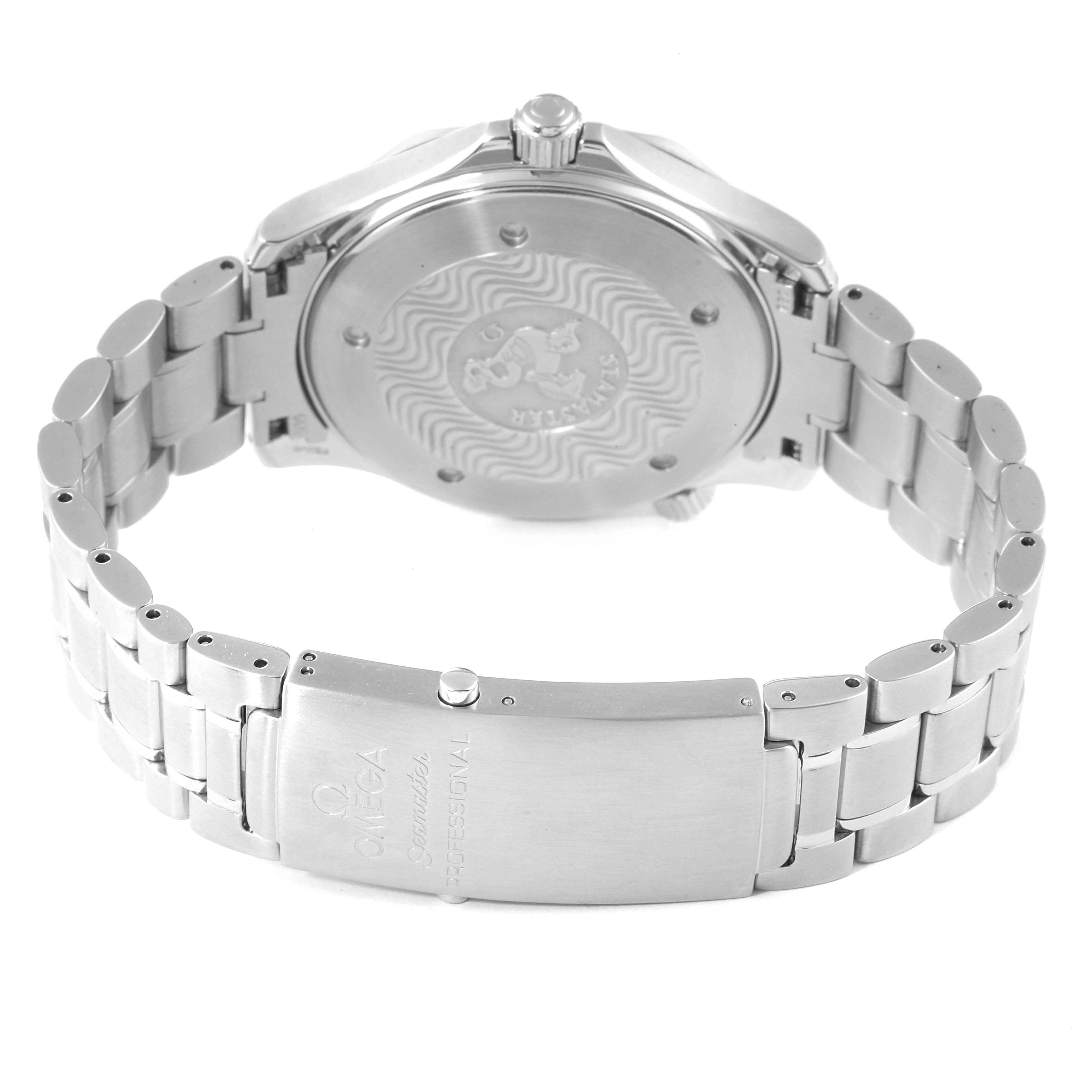 This image shows the back and clasp of the Omega Seamaster 2264.50.00 Men's Stainless Steel Black Dial 2264.50.00 Men's Stainless Steel Black Dial watch, displaying its metal bracelet and engraved case back.