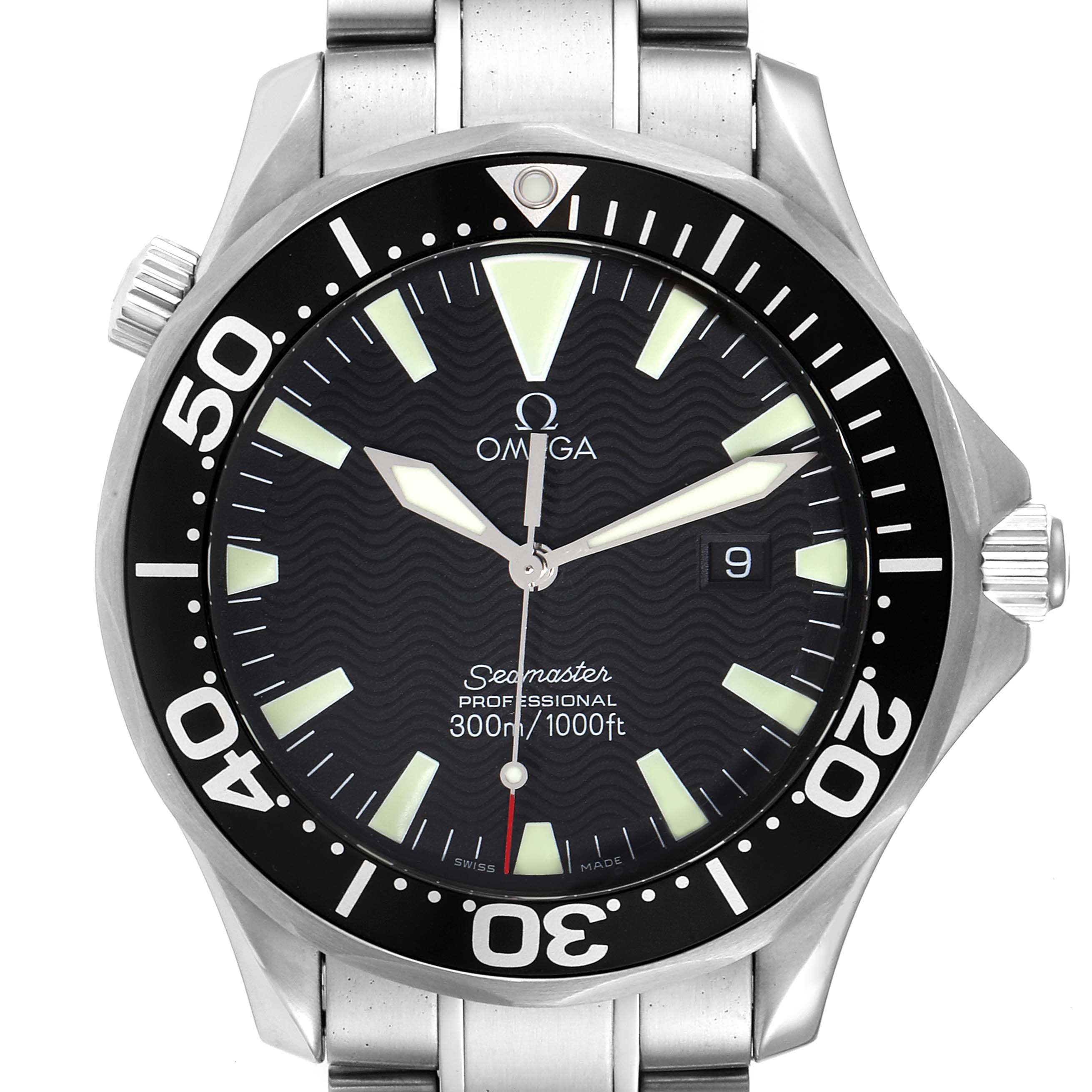 The image shows a front view of the Omega Seamaster 2264.50.00 Men's Stainless Steel Black Dial 2264.50.00 Men's Stainless Steel Black Dial watch, displaying its dial, hands, bezel, and part of the bracelet.