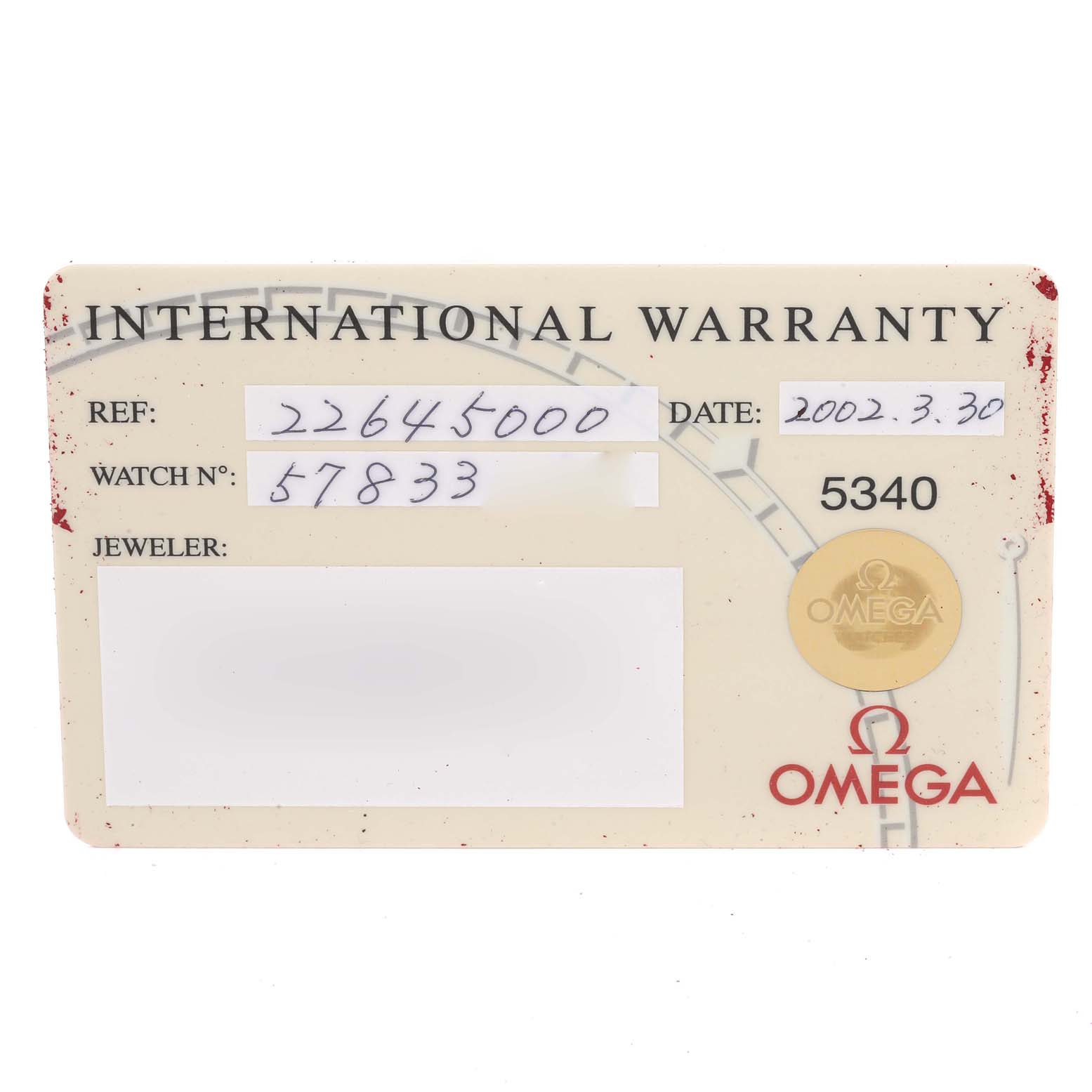 The image shows the international warranty card for an Omega Seamaster 2264.50.00 Men's Stainless Steel Black Dial 2264.50.00 Men's Stainless Steel Black Dial watch.