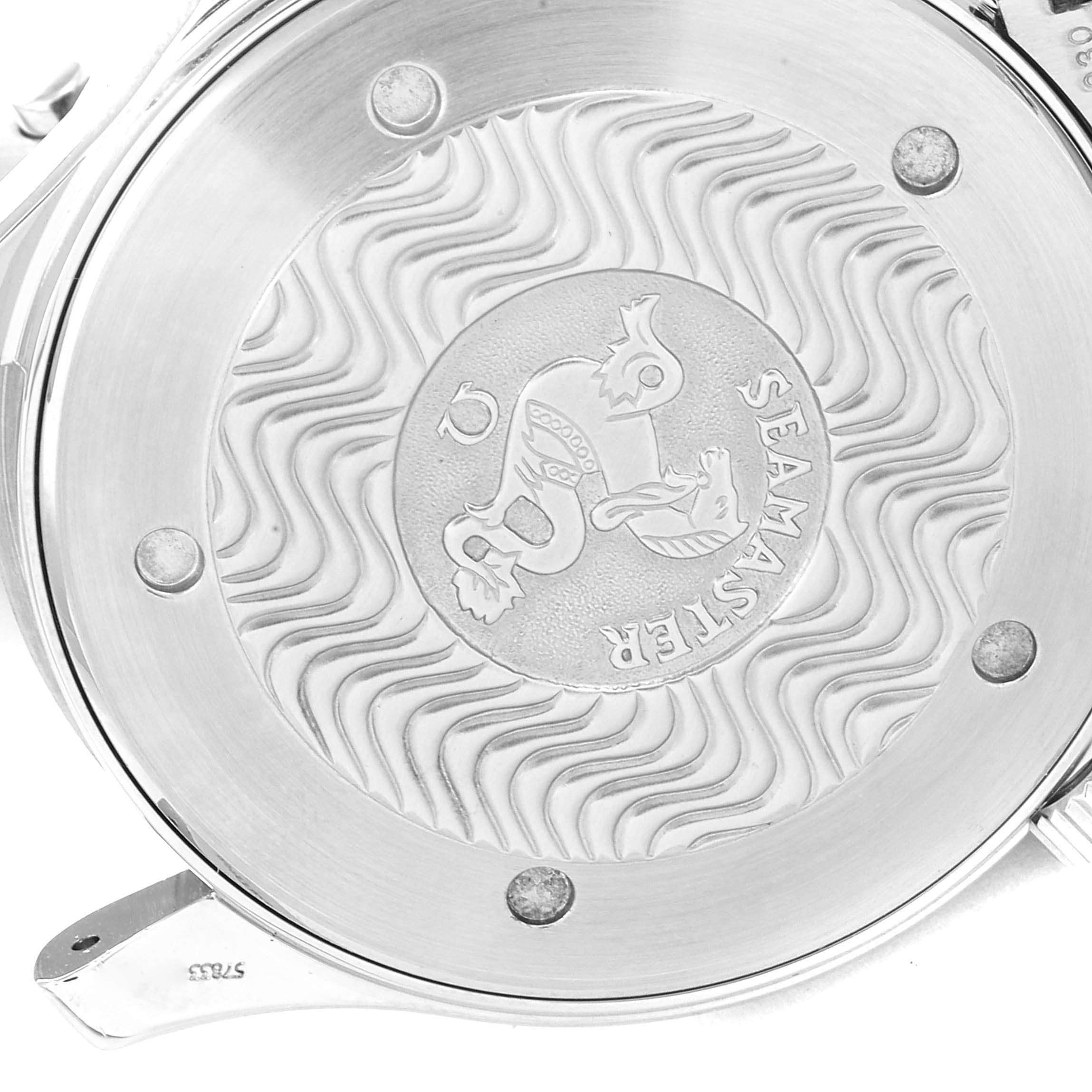 This image shows the back case of an Omega Seamaster 2264.50.00 Men's Stainless Steel Black Dial 2264.50.00 Men's Stainless Steel Black Dial watch, featuring a detailed engravement with the Seamaster logo.