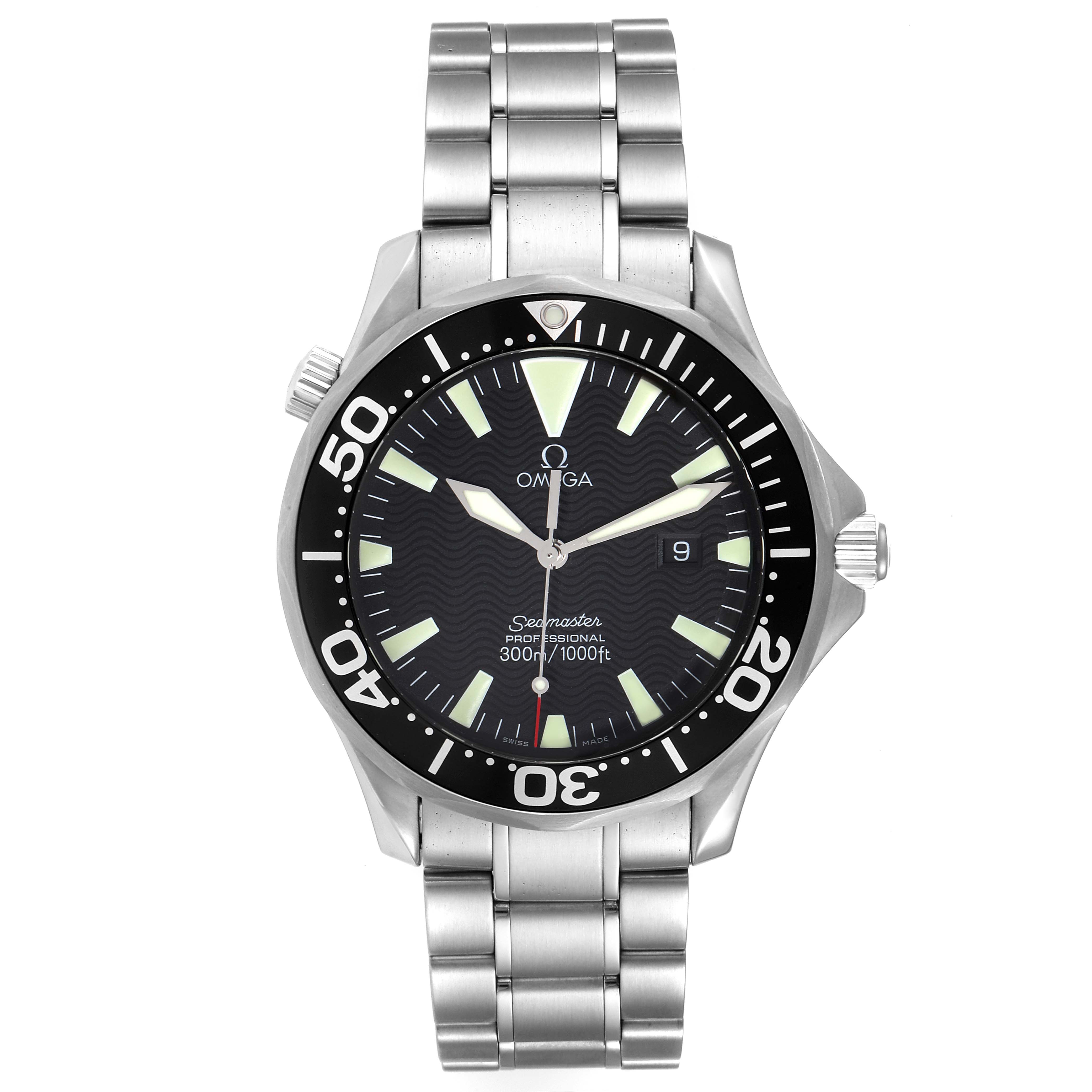 The Omega Seamaster 2264.50.00 Men's Stainless Steel Black Dial 2264.50.00 Men's Stainless Steel Black Dial watch is shown from a front angle, displaying the dial, bezel, and stainless steel bracelet.