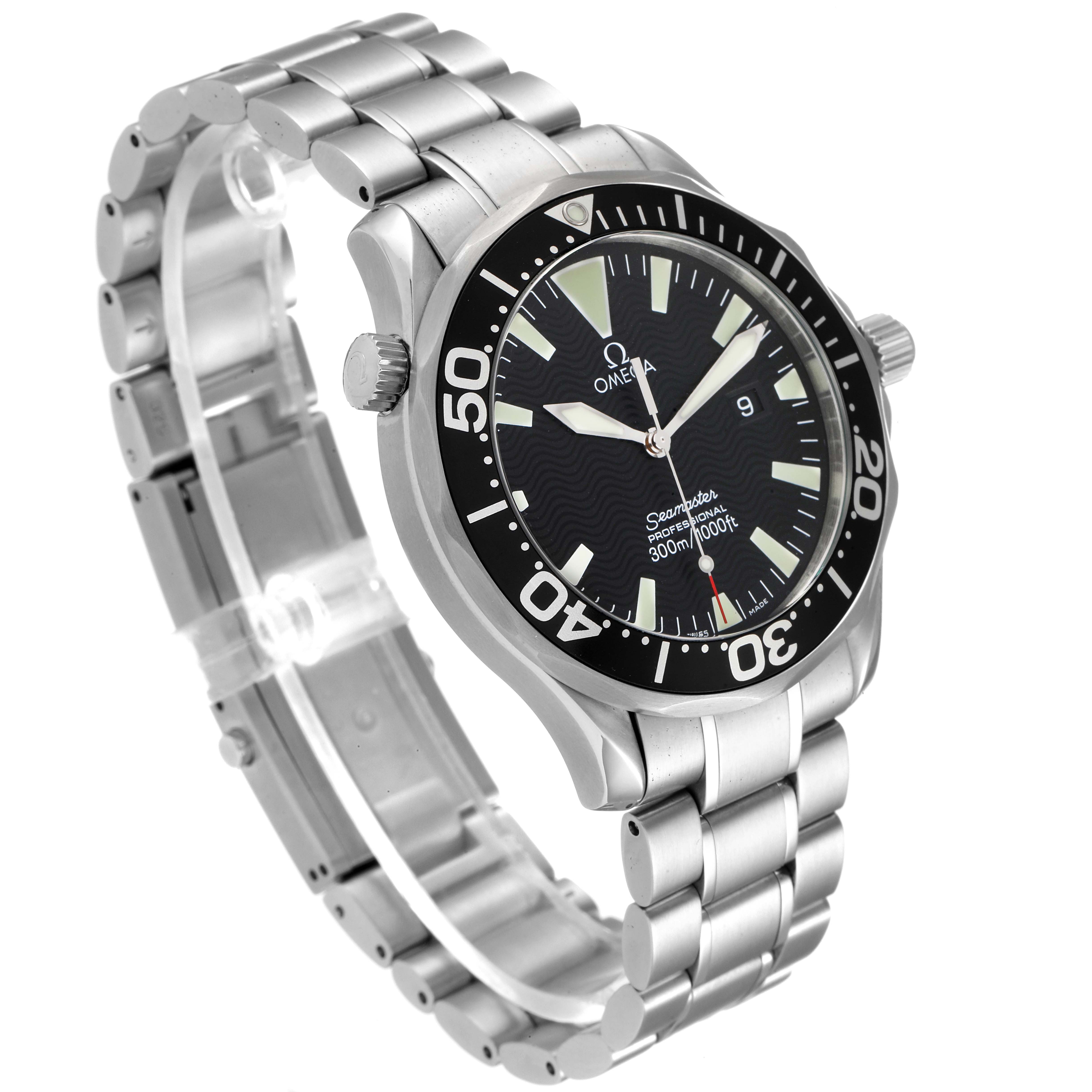 The Omega Seamaster 2264.50.00 Men's Stainless Steel Black Dial 2264.50.00 Men's Stainless Steel Black Dial watch is shown at an angle displaying its face, bezel, bracelet, and crown.