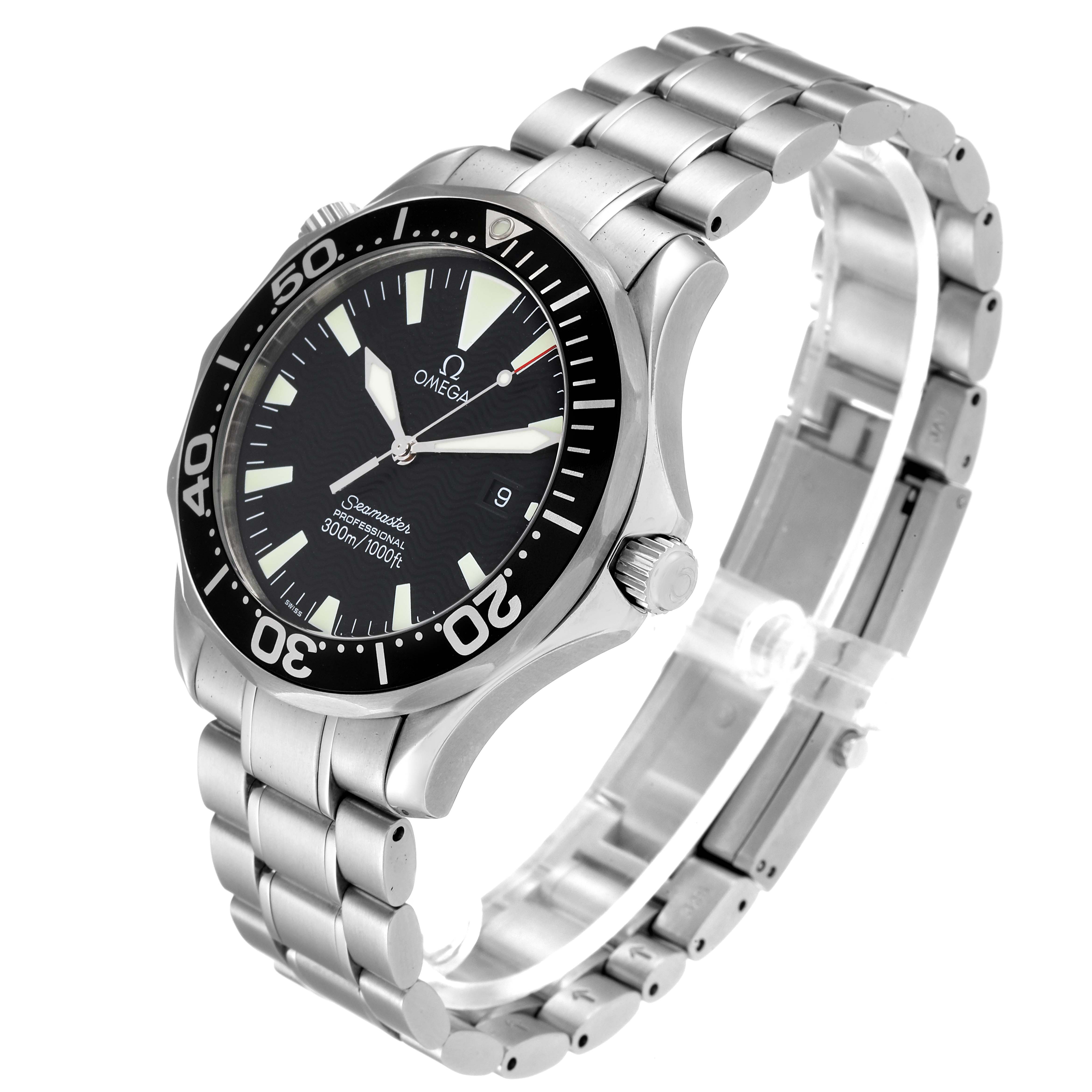 The Omega Seamaster 2264.50.00 Men's Stainless Steel Black Dial 2264.50.00 Men's Stainless Steel Black Dial watch is shown at a three-quarter angle, highlighting the face, bezel, and stainless steel bracelet.