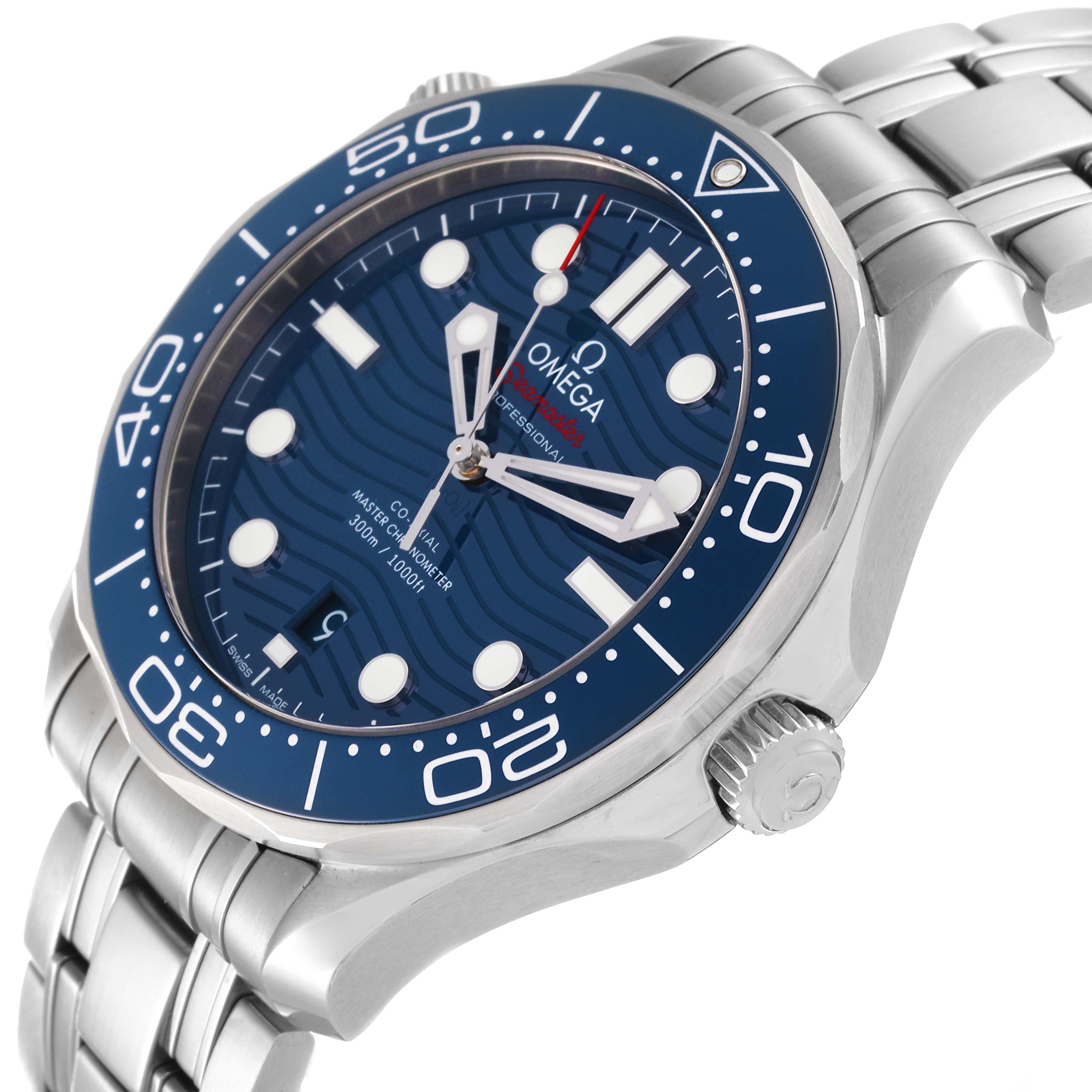 The Omega Seamaster 210.30.42.20.03.001 Men's Stainless Steel Blue Dial 210.30.42.20.03.001 Men's Stainless Steel Blue Dial watch is shown at an oblique angle, highlighting its blue dial, bezel, and stainless steel bracelet.