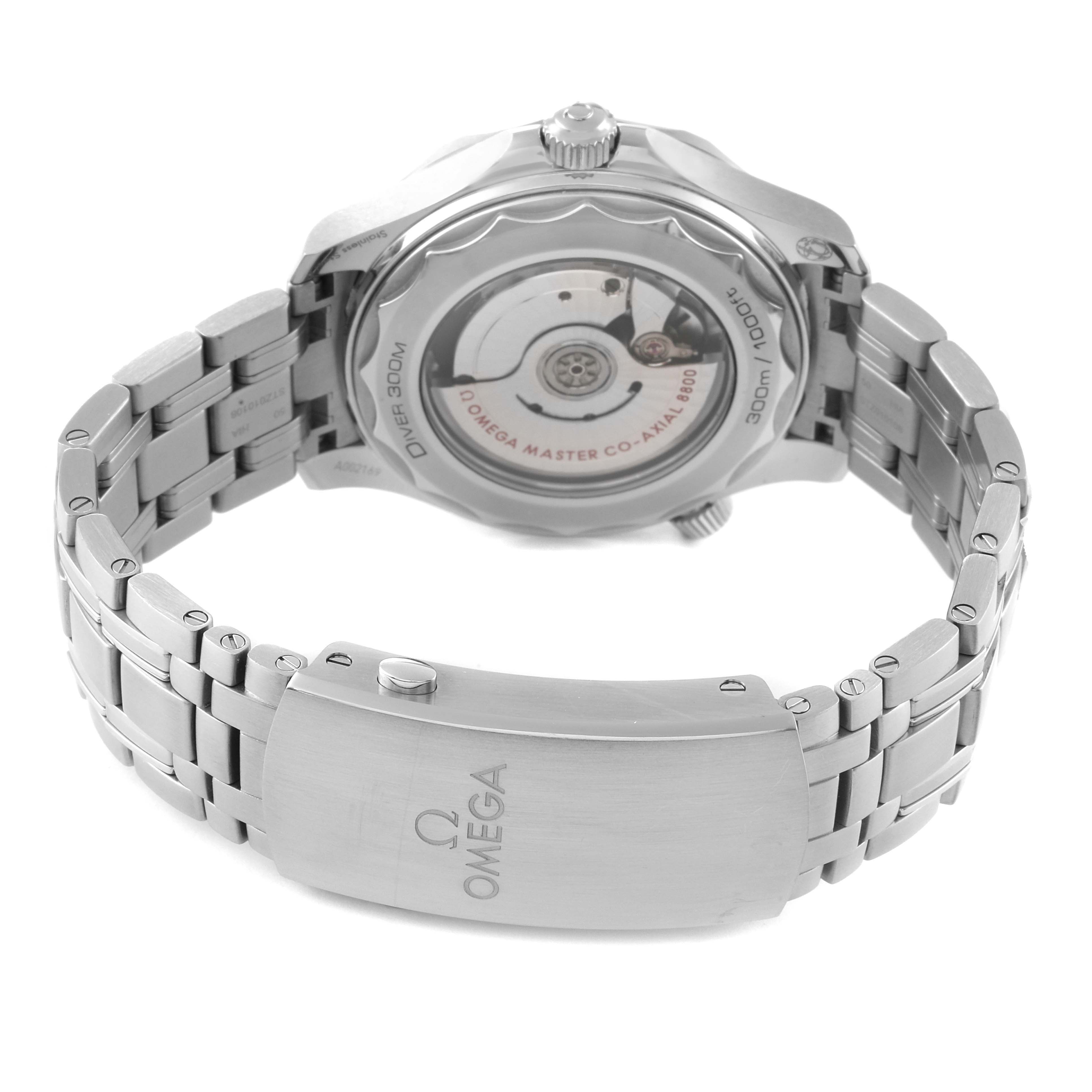 The image shows the back view of an Omega Seamaster 210.30.42.20.03.001 Men's Stainless Steel Blue Dial 210.30.42.20.03.001 Men's Stainless Steel Blue Dial watch, focusing on its stainless steel bracelet and display case back.