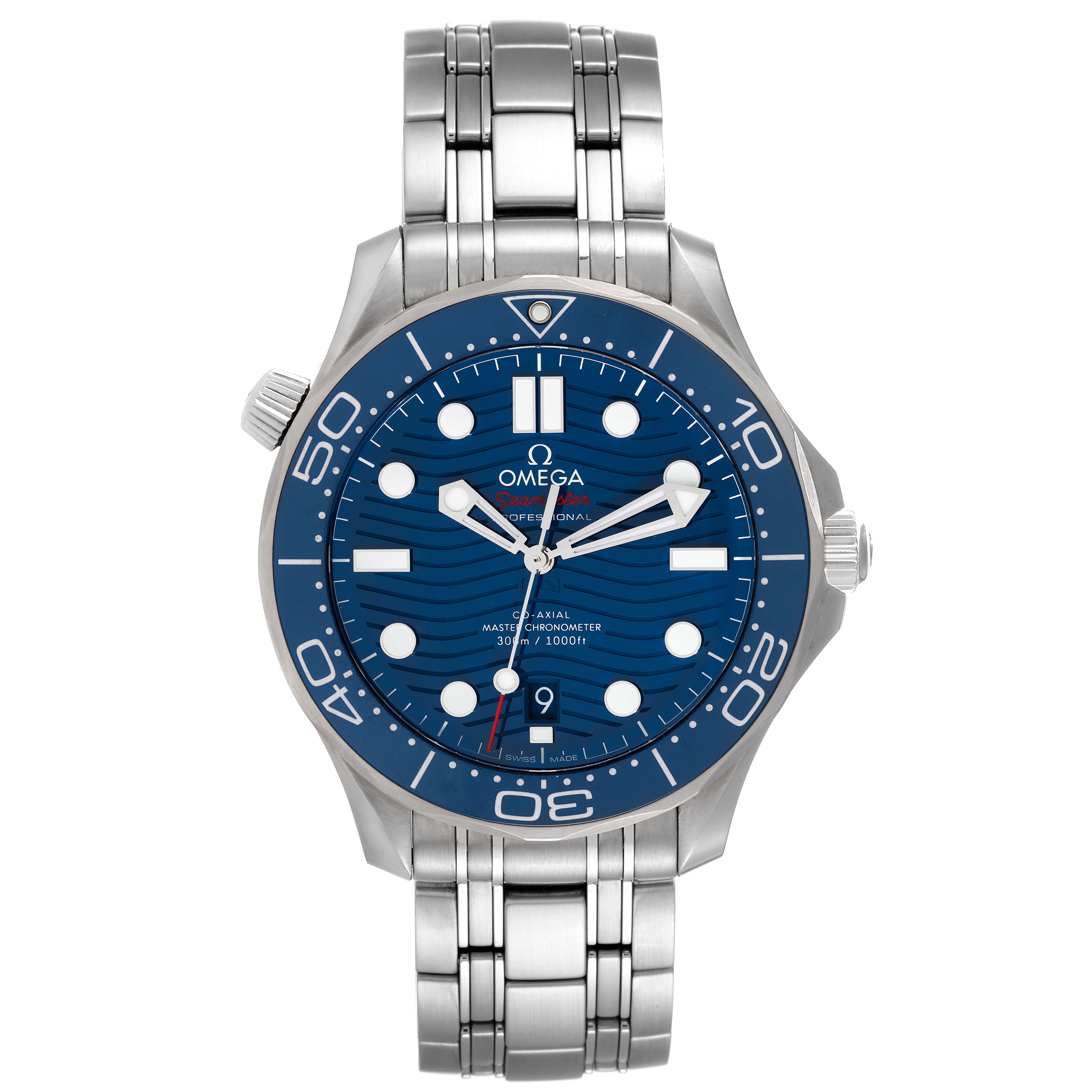 The image shows a frontal view of the Omega Seamaster 210.30.42.20.03.001 Men's Stainless Steel Blue Dial 210.30.42.20.03.001 Men's Stainless Steel Blue Dial watch, displaying its face, bezel, and stainless steel bracelet.