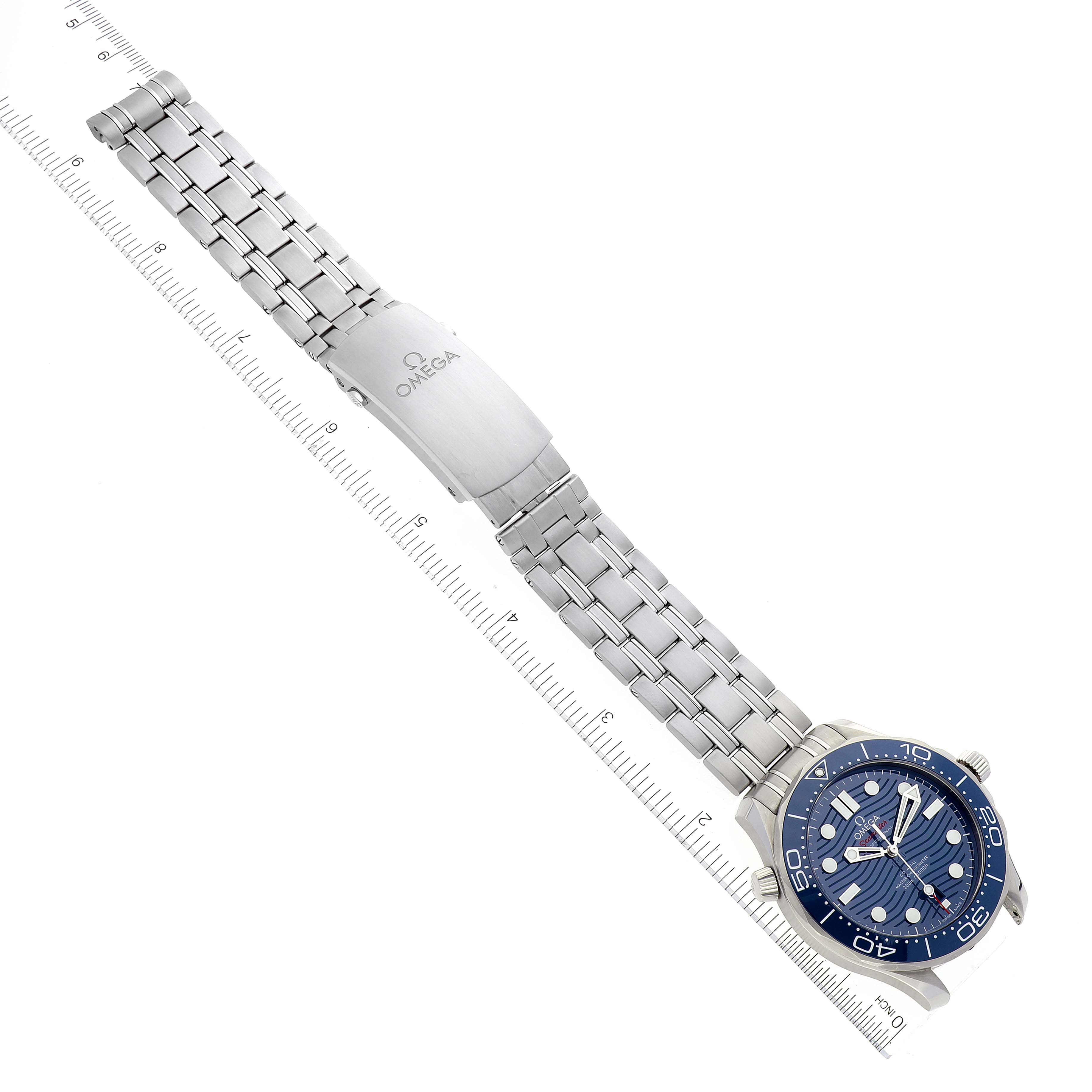 The Omega Seamaster 210.30.42.20.03.001 Men's Stainless Steel Blue Dial 210.30.42.20.03.001 Men's Stainless Steel Blue Dial watch is shown flat and fully extended with the bracelet, clasp, and face visible.
