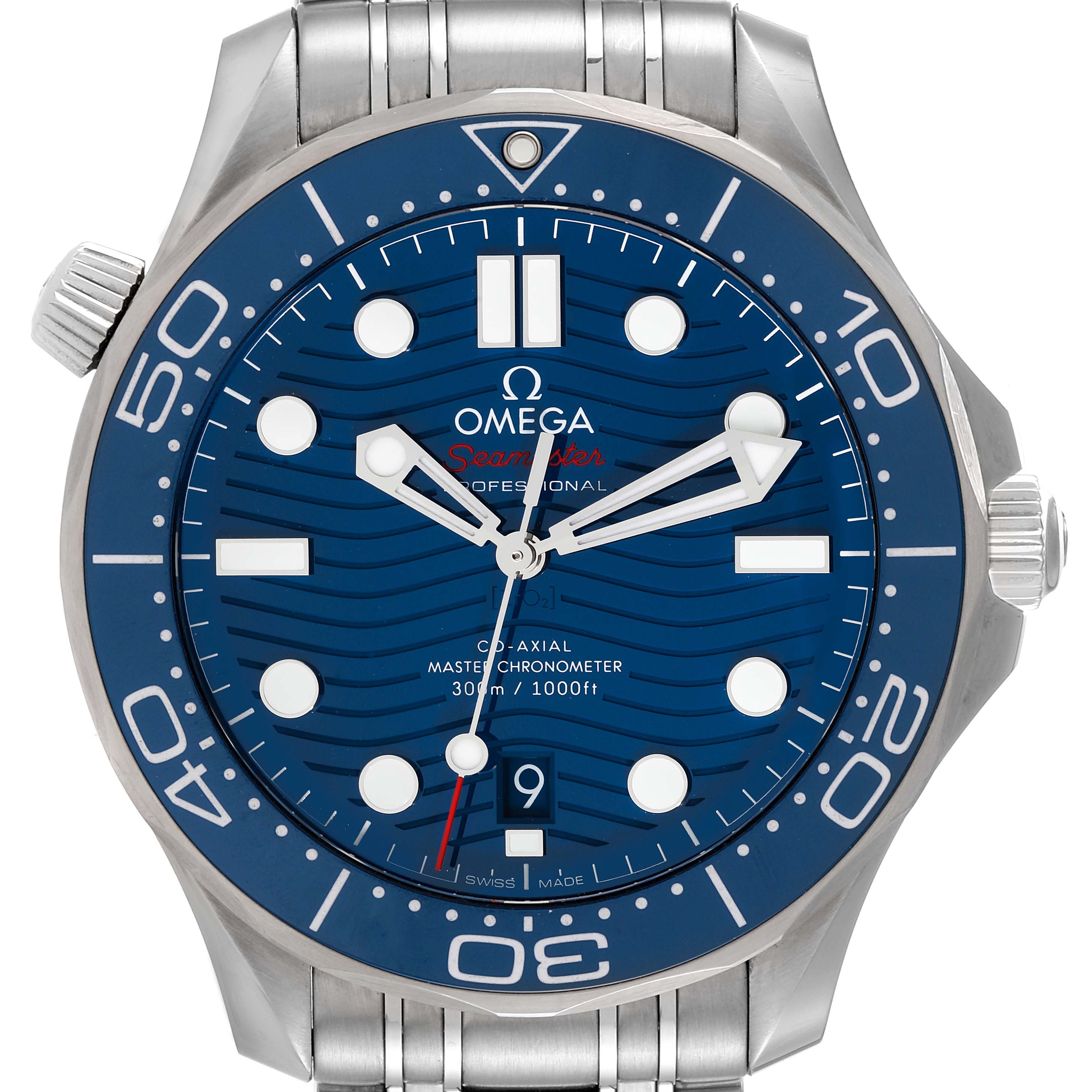 This image shows a frontal view of an Omega Seamaster 210.30.42.20.03.001 Men's Stainless Steel Blue Dial 210.30.42.20.03.001 Men's Stainless Steel Blue Dial watch, highlighting the dial, bezel, and part of the bracelet.