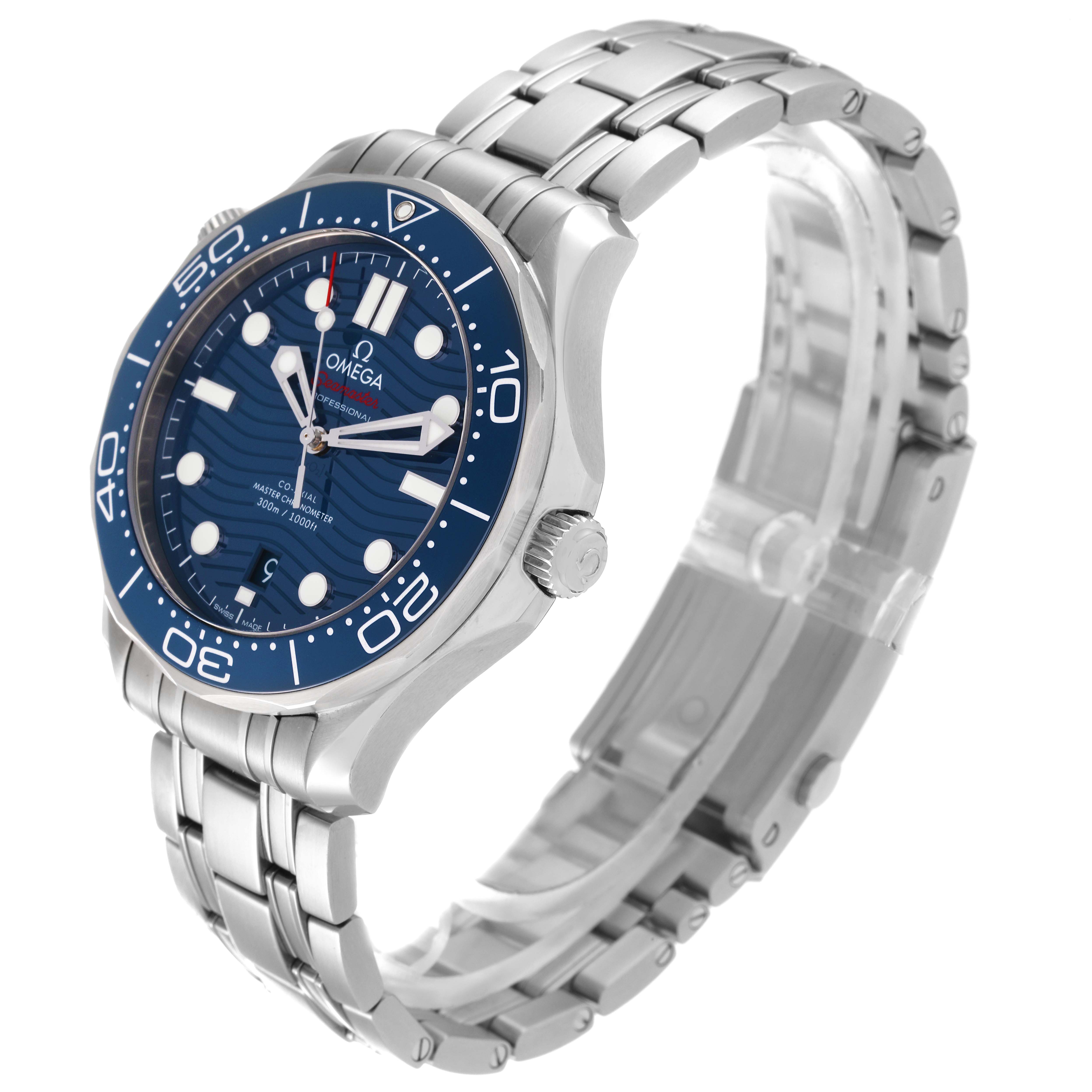 The Omega Seamaster 210.30.42.20.03.001 Men's Stainless Steel Blue Dial 210.30.42.20.03.001 Men's Stainless Steel Blue Dial watch is shown at a slight angle, highlighting its blue dial, bezel, and stainless steel bracelet.