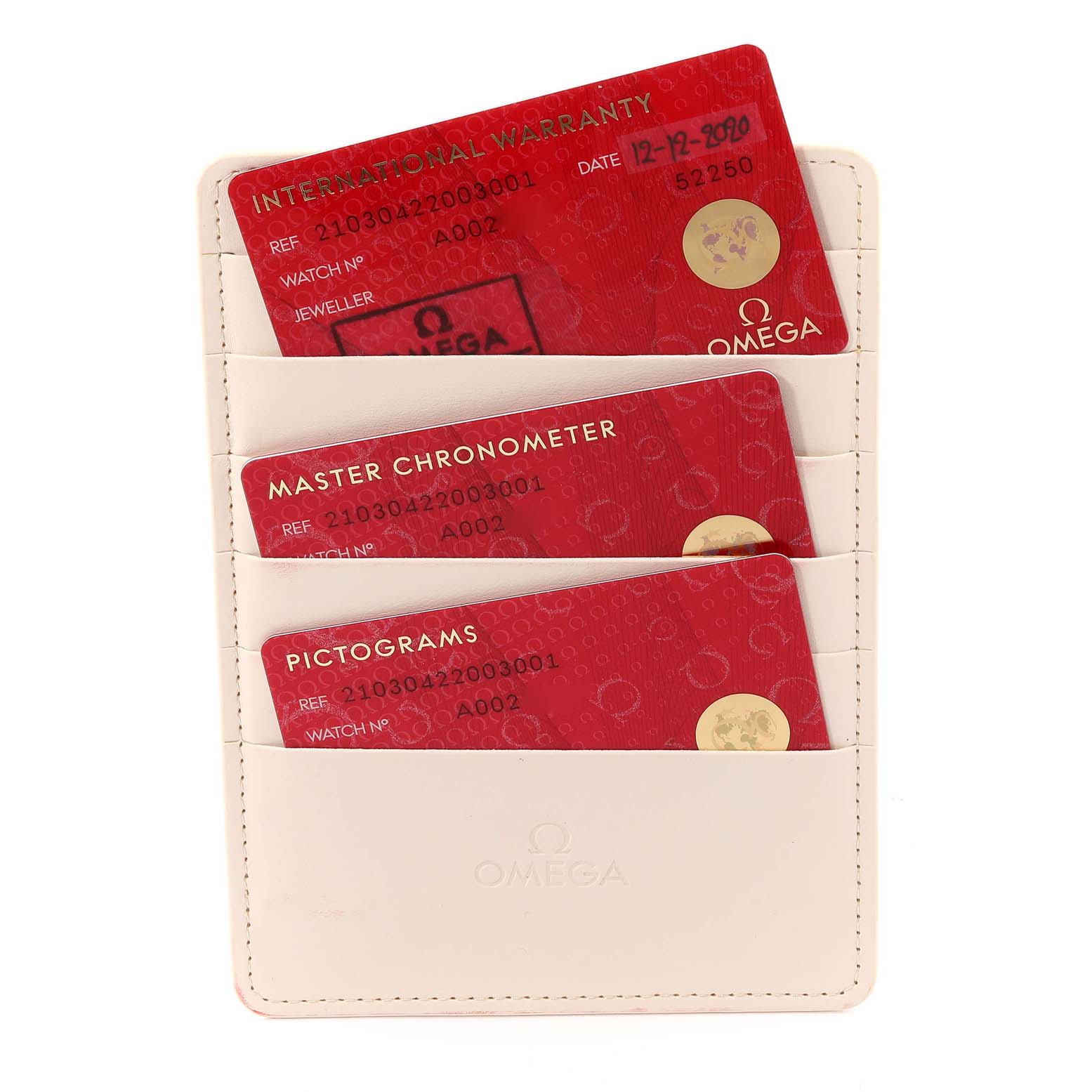 The image shows Omega Seamaster 210.30.42.20.03.001 Men's Stainless Steel Blue Dial 210.30.42.20.03.001 Men's Stainless Steel Blue Dial's international warranty, master chronometer, and pictograms cards in a white cardholder.