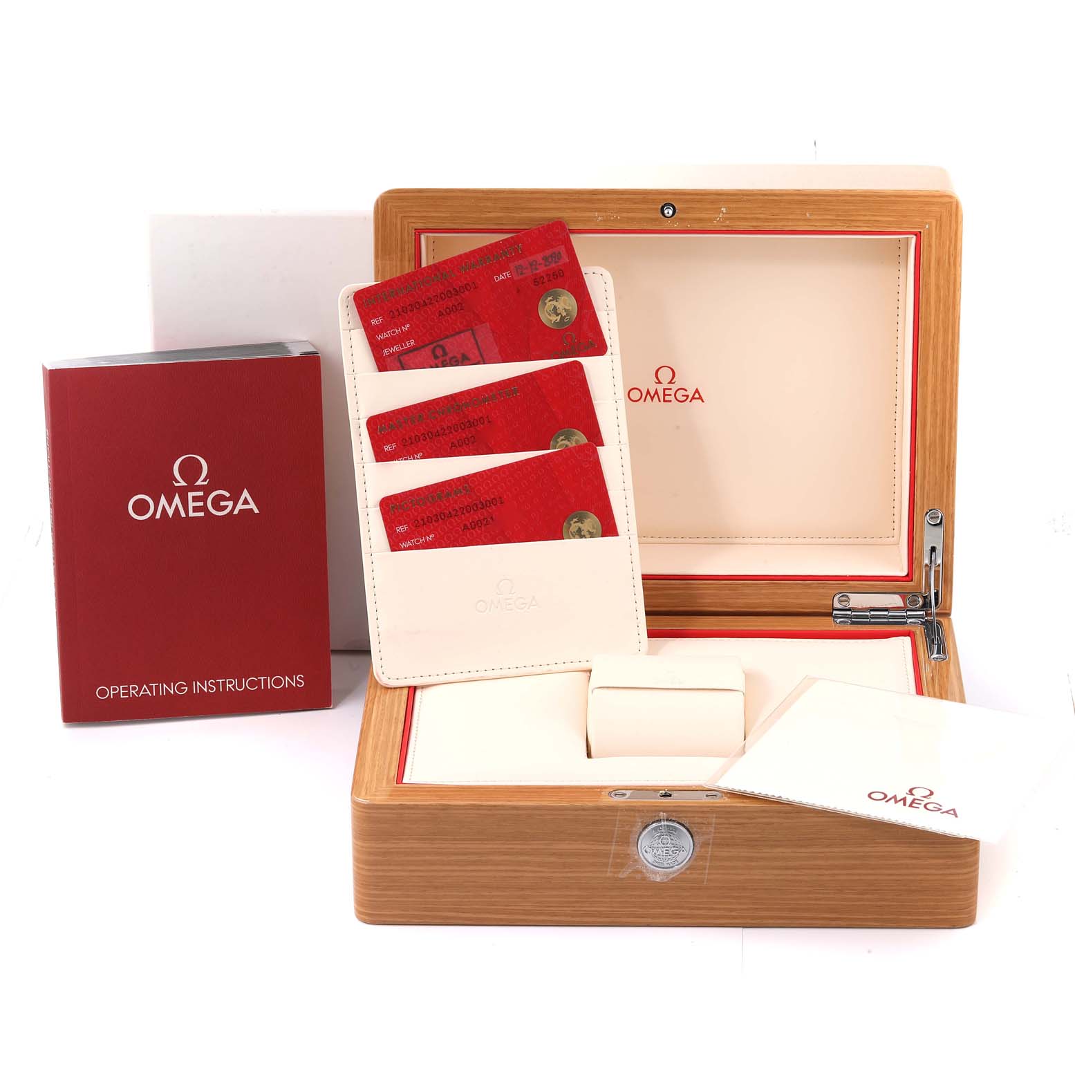 The image shows an Omega Seamaster 210.30.42.20.03.001 Men's Stainless Steel Blue Dial 210.30.42.20.03.001 Men's Stainless Steel Blue Dial wooden watch box, operating instructions, warranty cards, and cardholder.