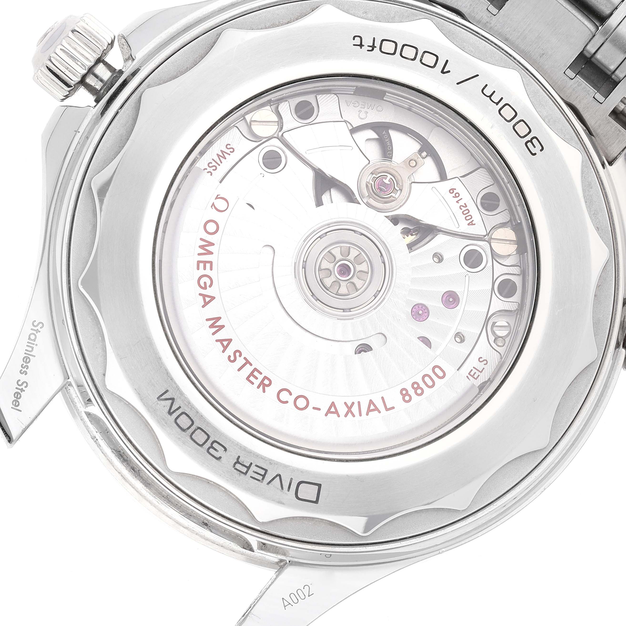 The image shows the back view of the Omega Seamaster 210.30.42.20.03.001 Men's Stainless Steel Blue Dial 210.30.42.20.03.001 Men's Stainless Steel Blue Dial watch, highlighting its movement mechanism and stainless steel caseback.