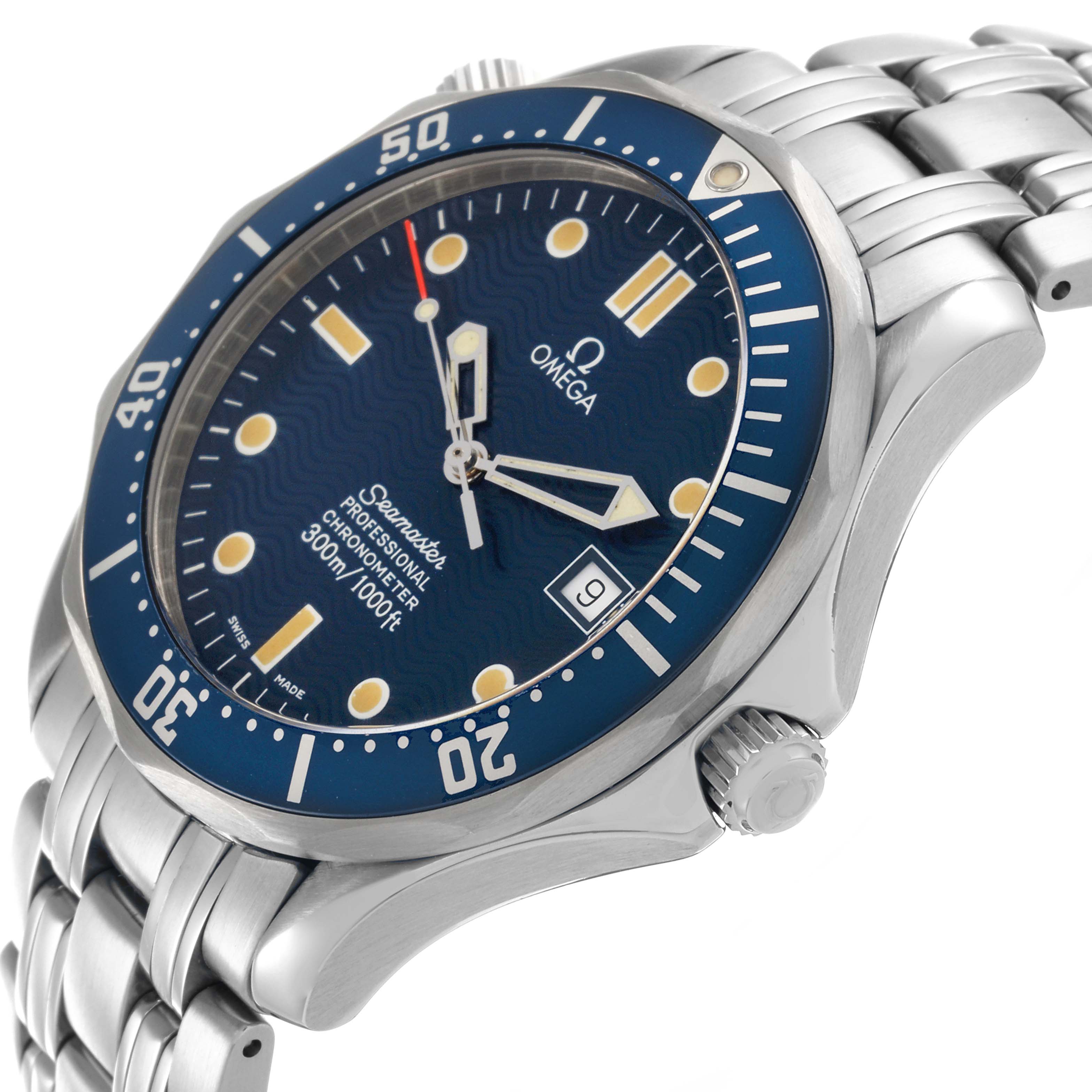 The Omega Seamaster 2531.80.00 Men
s Stainless Steel Blue Dial 2531.80.00 Men
s Stainless Steel Blue Dial watch is shown at an angle highlighting the bezel, dial, crown, and part of the bracelet.