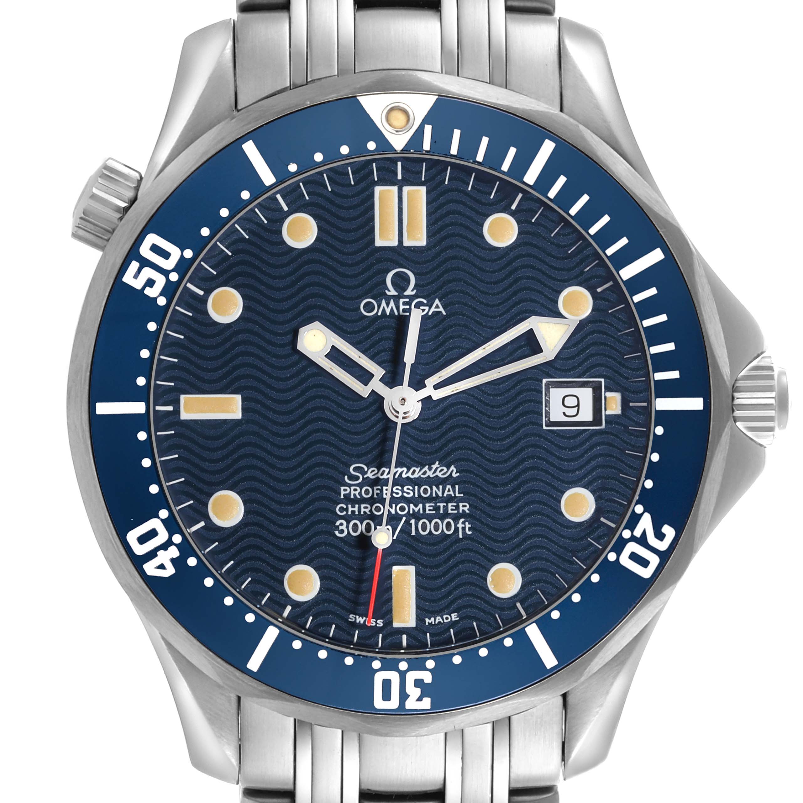 The image shows a front view of the Omega Seamaster 2531.80.00 Men
s Stainless Steel Blue Dial 2531.80.00 Men
s Stainless Steel Blue Dial, displaying the dial, bezel, and part of the stainless steel bracelet.