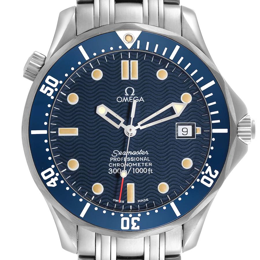 The image shows a front view of the Omega Seamaster, displaying the dial, bezel, and part of the stainless steel bracelet.