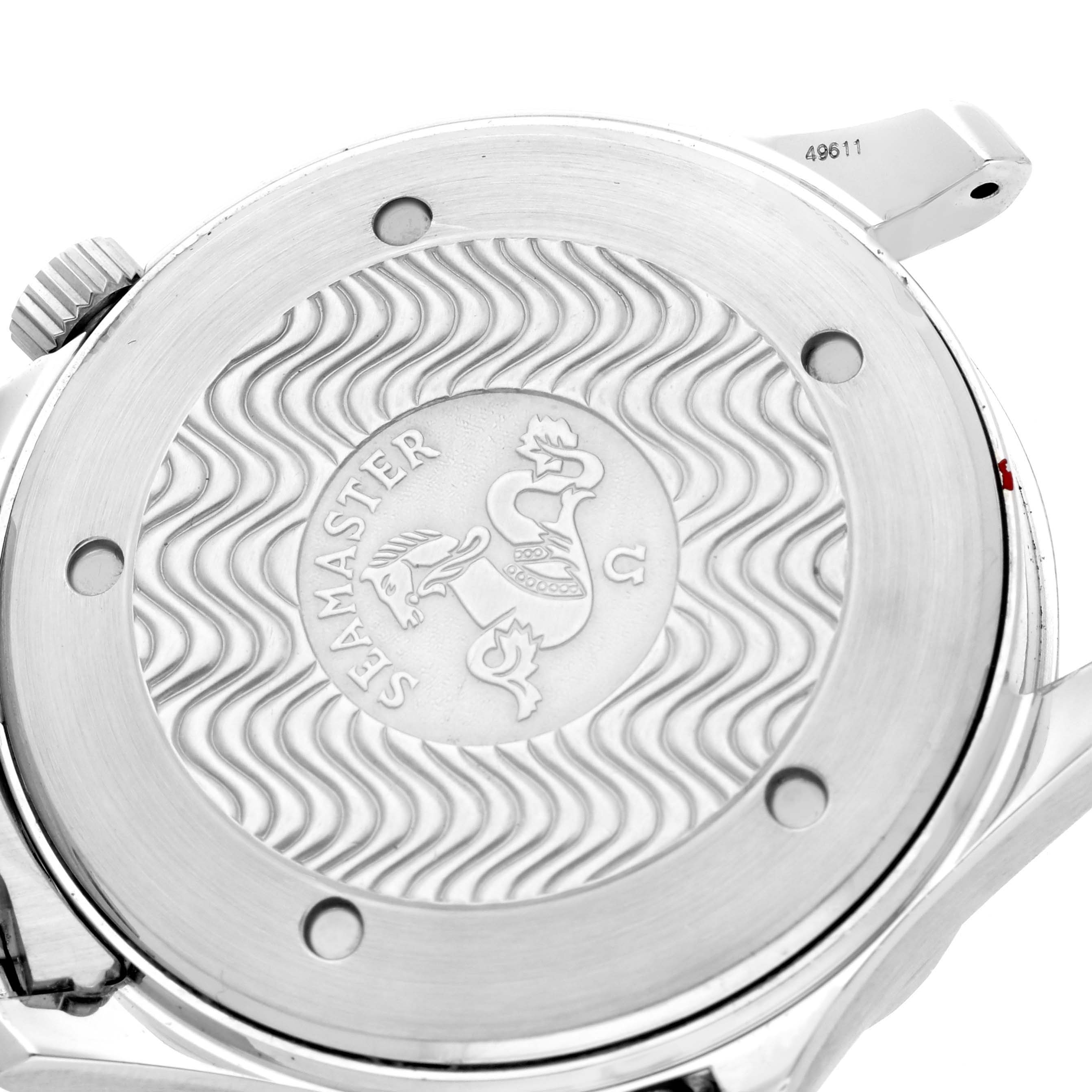 The image shows the back of the Omega Seamaster 2531.80.00 Men
s Stainless Steel Blue Dial 2531.80.00 Men
s Stainless Steel Blue Dial watch, featuring a wavy pattern and engraved logo.