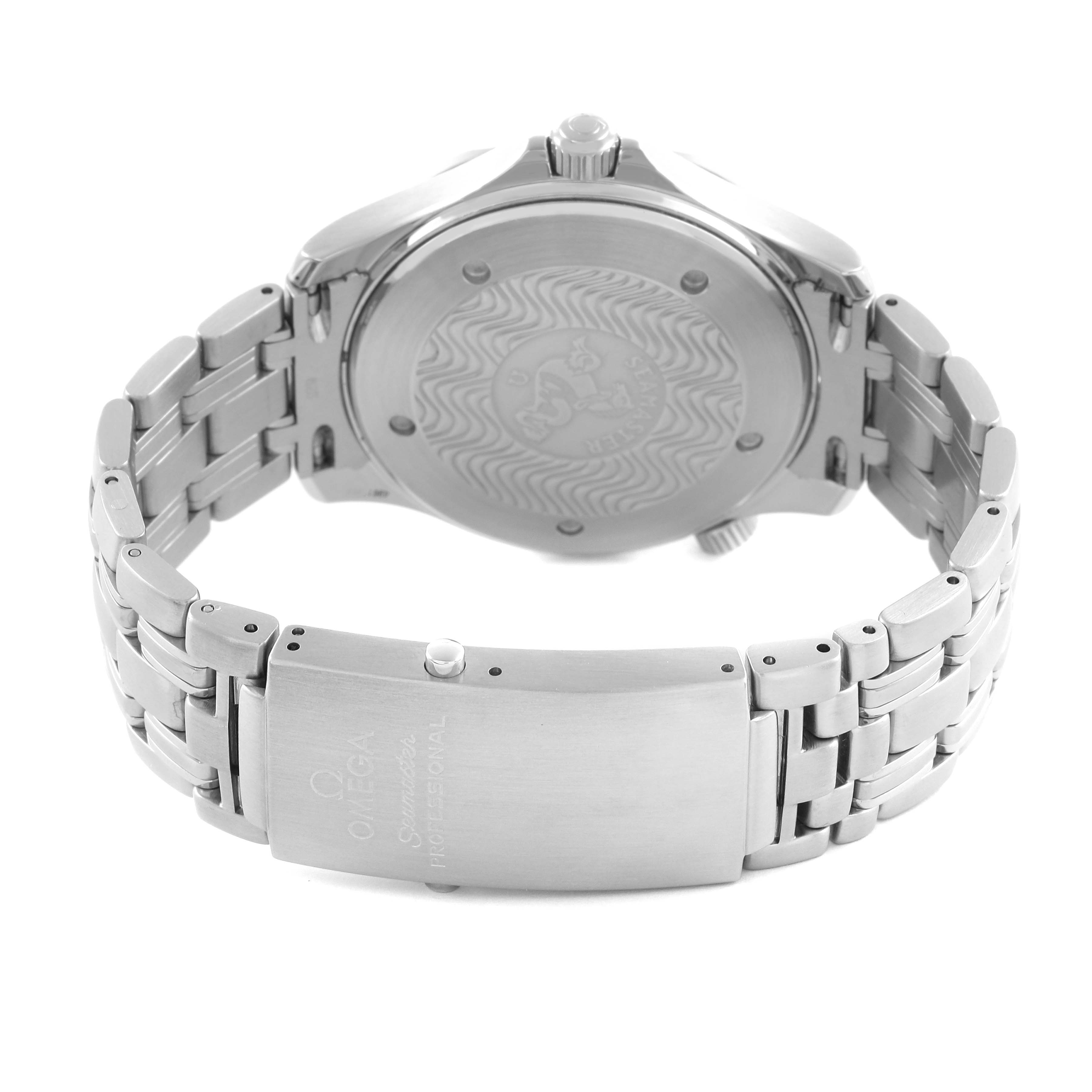 The image shows the back case and bracelet clasp of the Omega Seamaster 2531.80.00 Men
s Stainless Steel Blue Dial 2531.80.00 Men
s Stainless Steel Blue Dial watch.