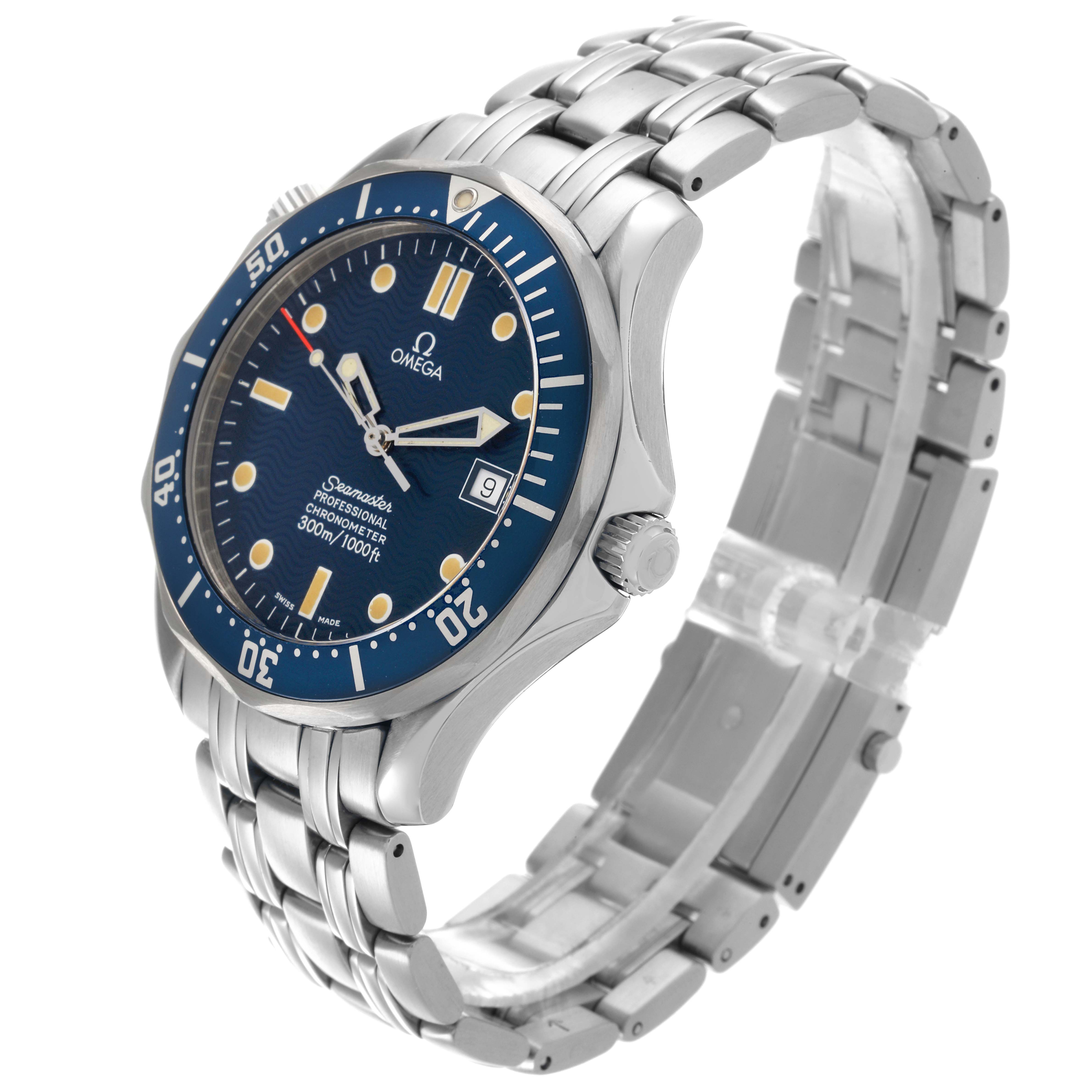 The Omega Seamaster 2531.80.00 Men
s Stainless Steel Blue Dial 2531.80.00 Men
s Stainless Steel Blue Dial watch is shown at a three-quarter angle, displaying its face, bezel, crown, and metal bracelet.