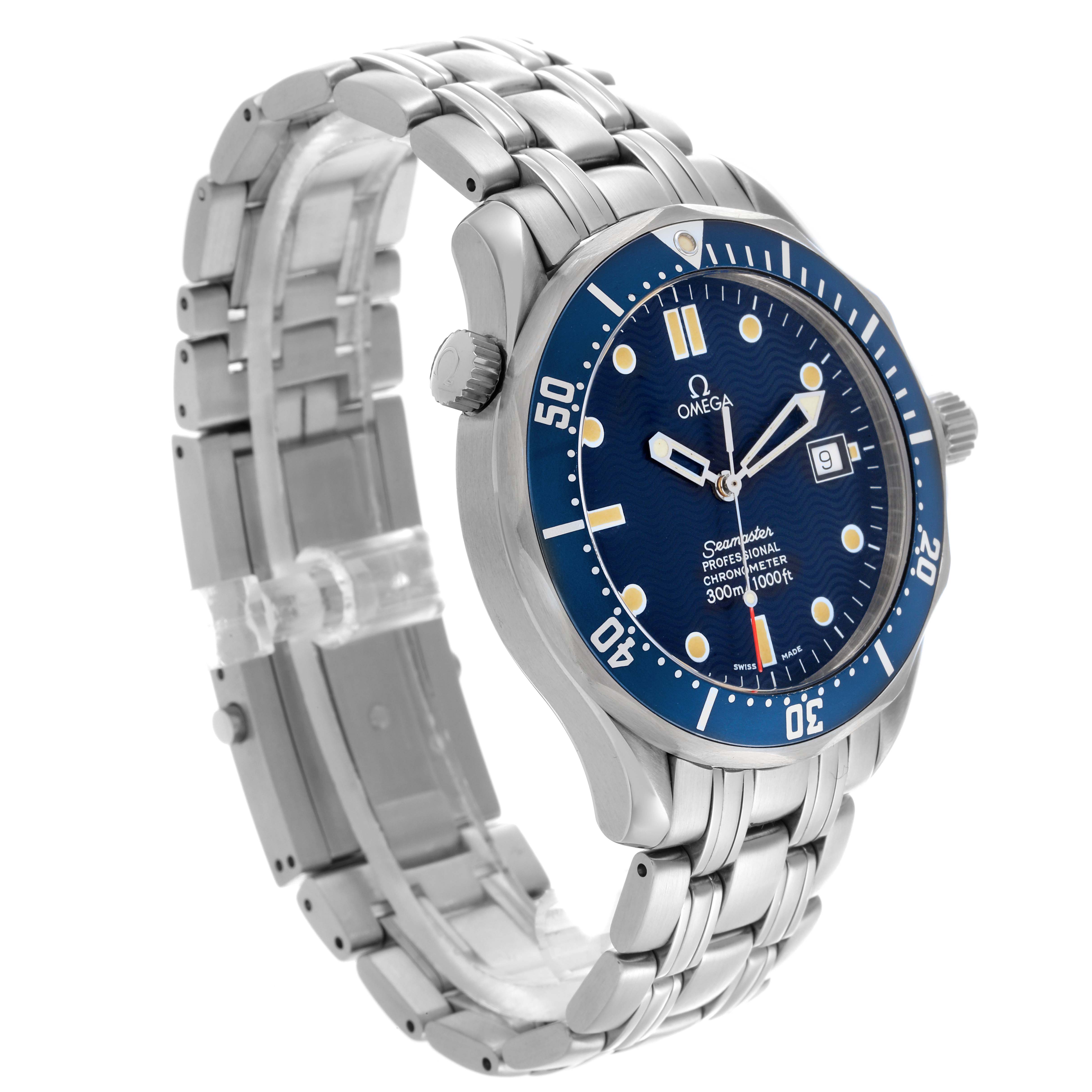 The Omega Seamaster 2531.80.00 Men
s Stainless Steel Blue Dial 2531.80.00 Men
s Stainless Steel Blue Dial is shown at a three-quarter angle, displaying the face, bezel, and metal bracelet.