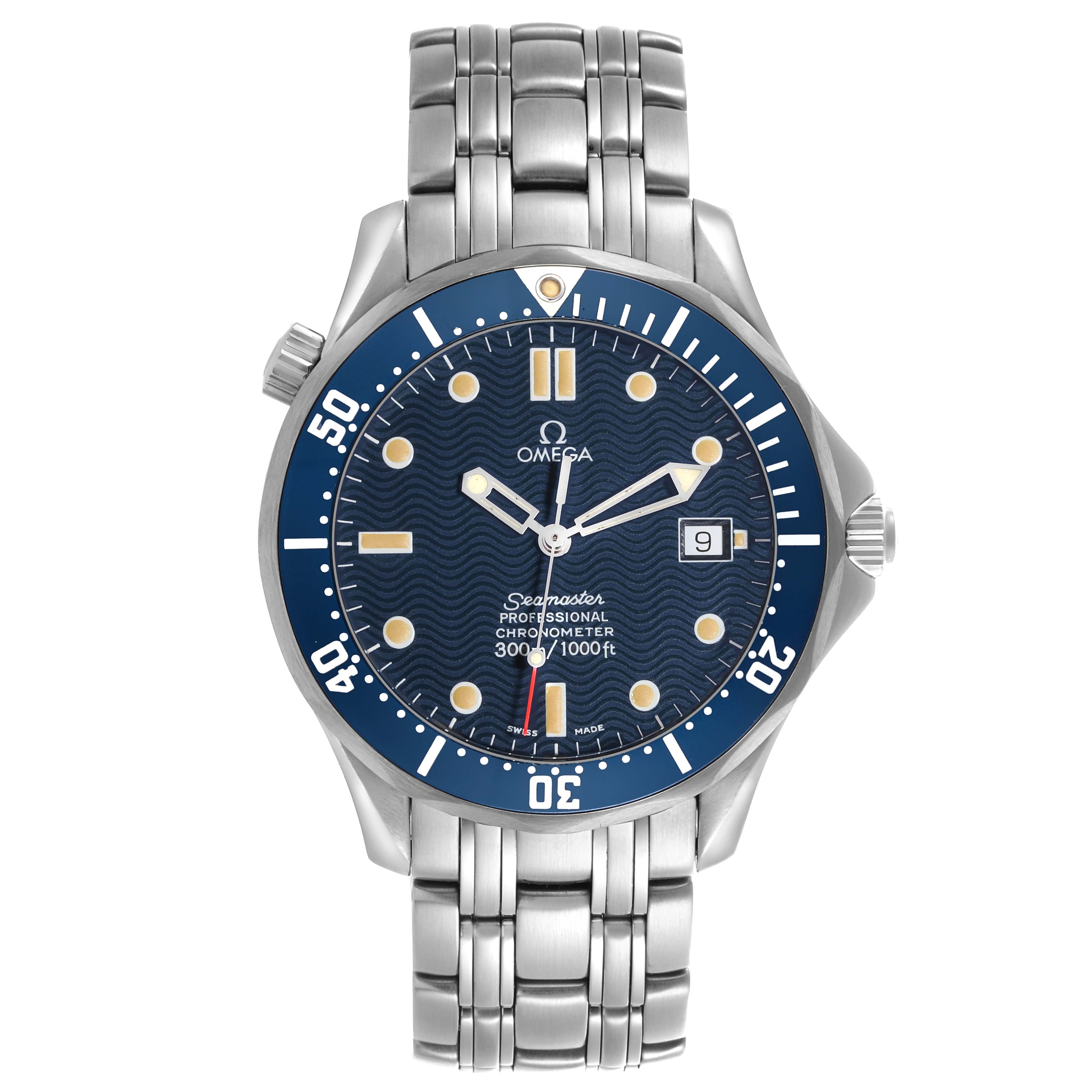 The Omega Seamaster 2531.80.00 Men
s Stainless Steel Blue Dial 2531.80.00 Men
s Stainless Steel Blue Dial watch is shown from a top-down angle, highlighting its dial, bezel, and bracelet.