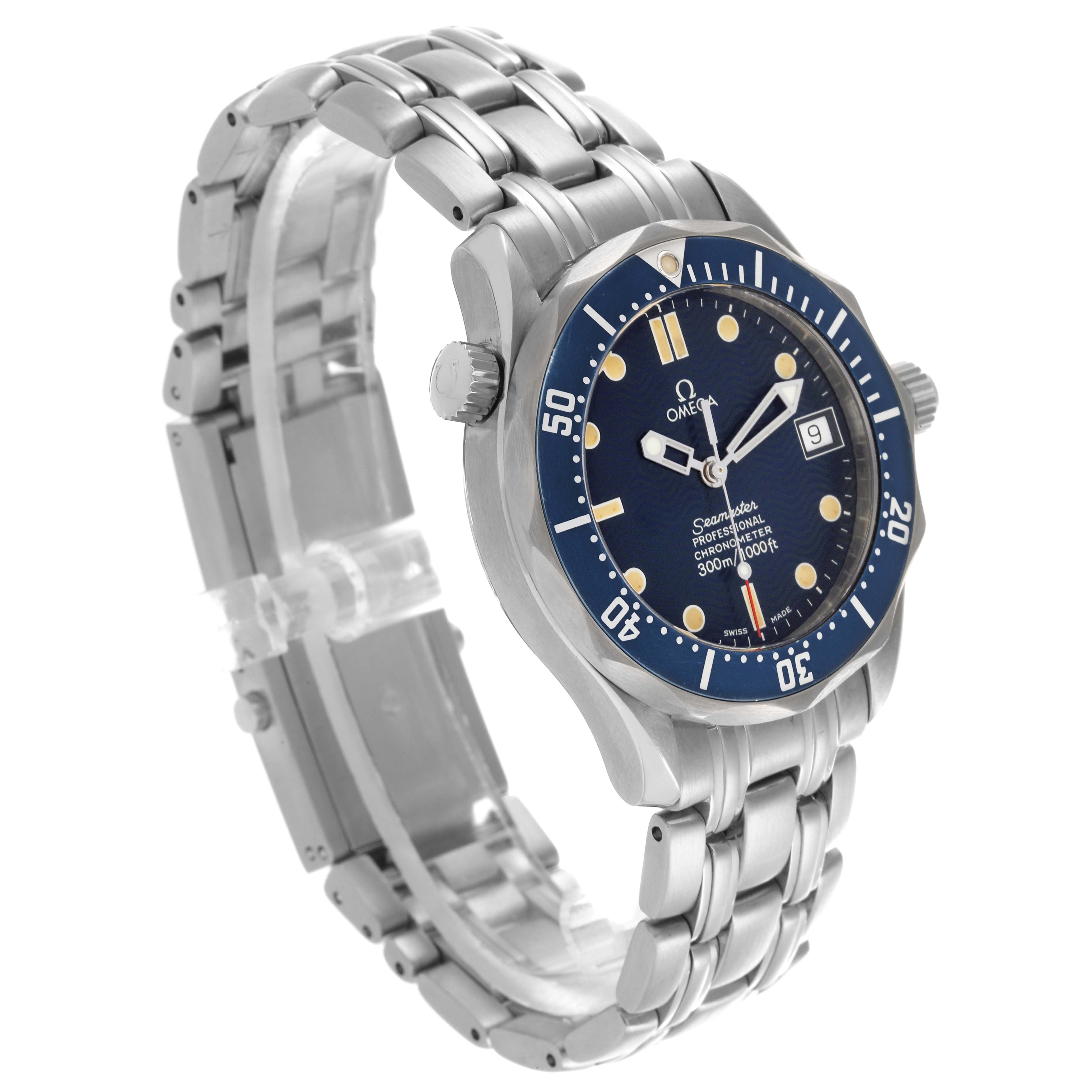 The Omega Seamaster 2551.80.00 Men
s Stainless Steel Blue Dial 2551.80.00 Men
s Stainless Steel Blue Dial watch is shown at a side-angle, displaying its face, bezel, crown, and metal bracelet.