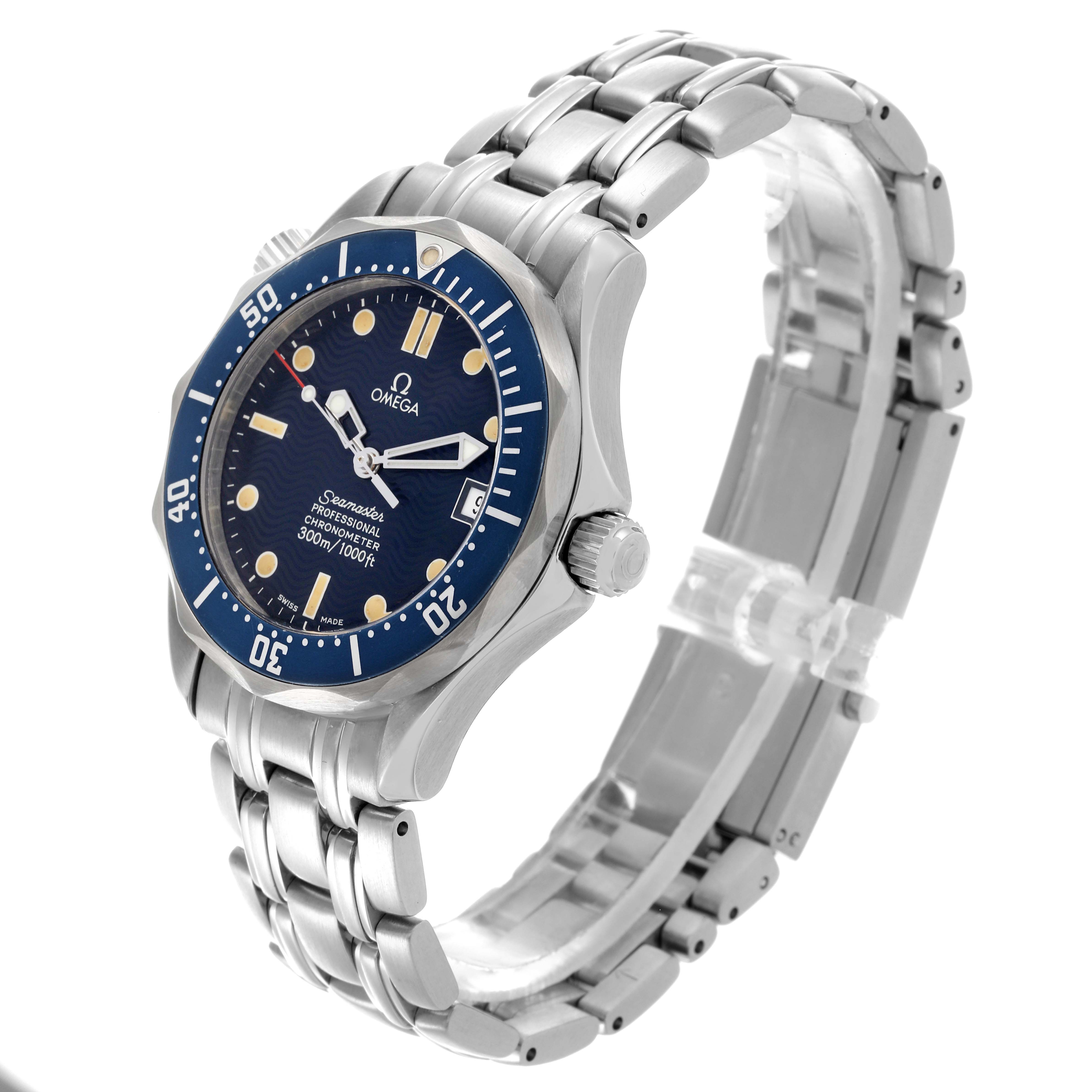 The Omega Seamaster 2551.80.00 Men
s Stainless Steel Blue Dial 2551.80.00 Men
s Stainless Steel Blue Dial watch is shown from a right side angle, highlighting the bezel, crown, and bracelet.
