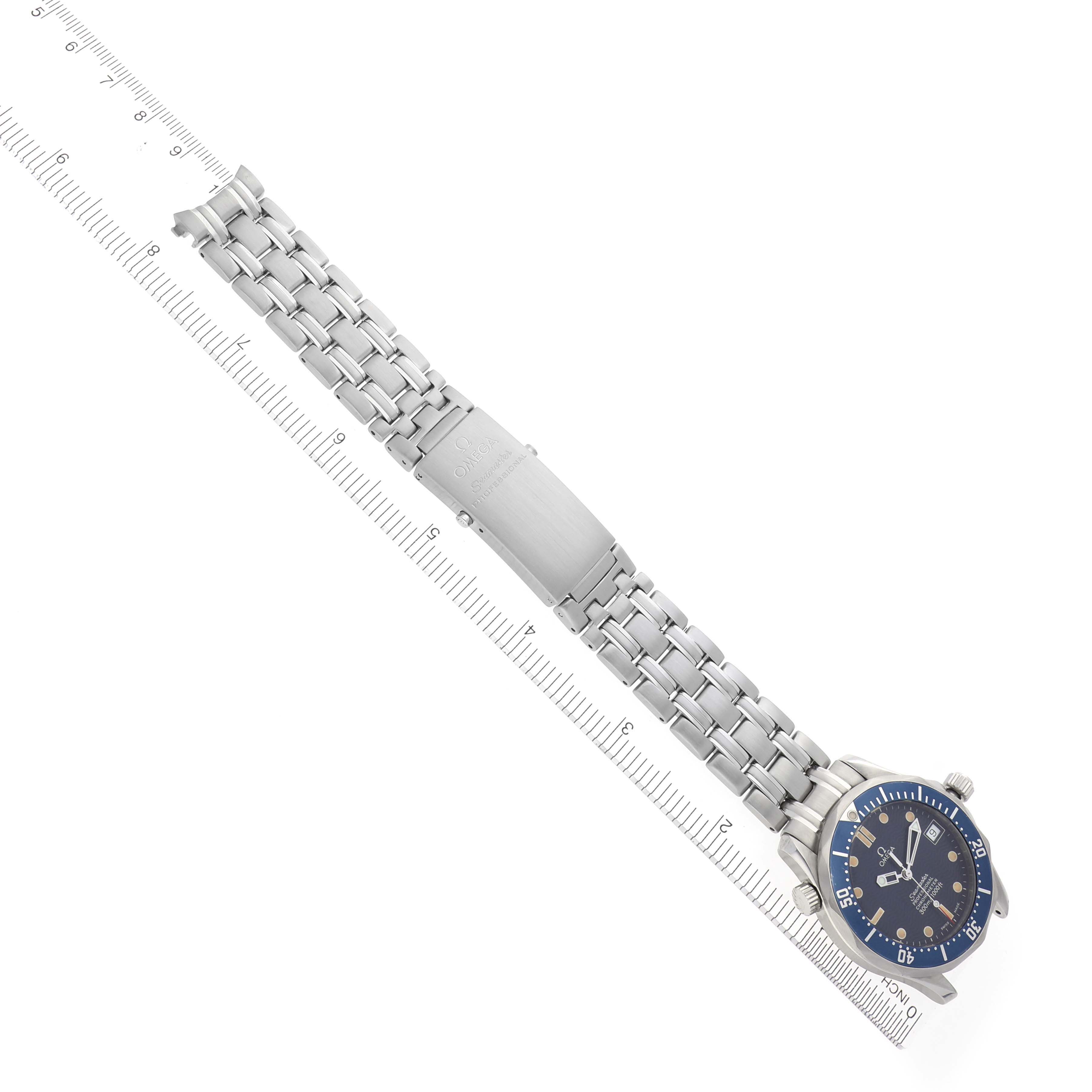 The Omega Seamaster 2551.80.00 Men
s Stainless Steel Blue Dial 2551.80.00 Men
s Stainless Steel Blue Dial watch is shown from a top view with its face, stainless steel bracelet, and clasp visible.