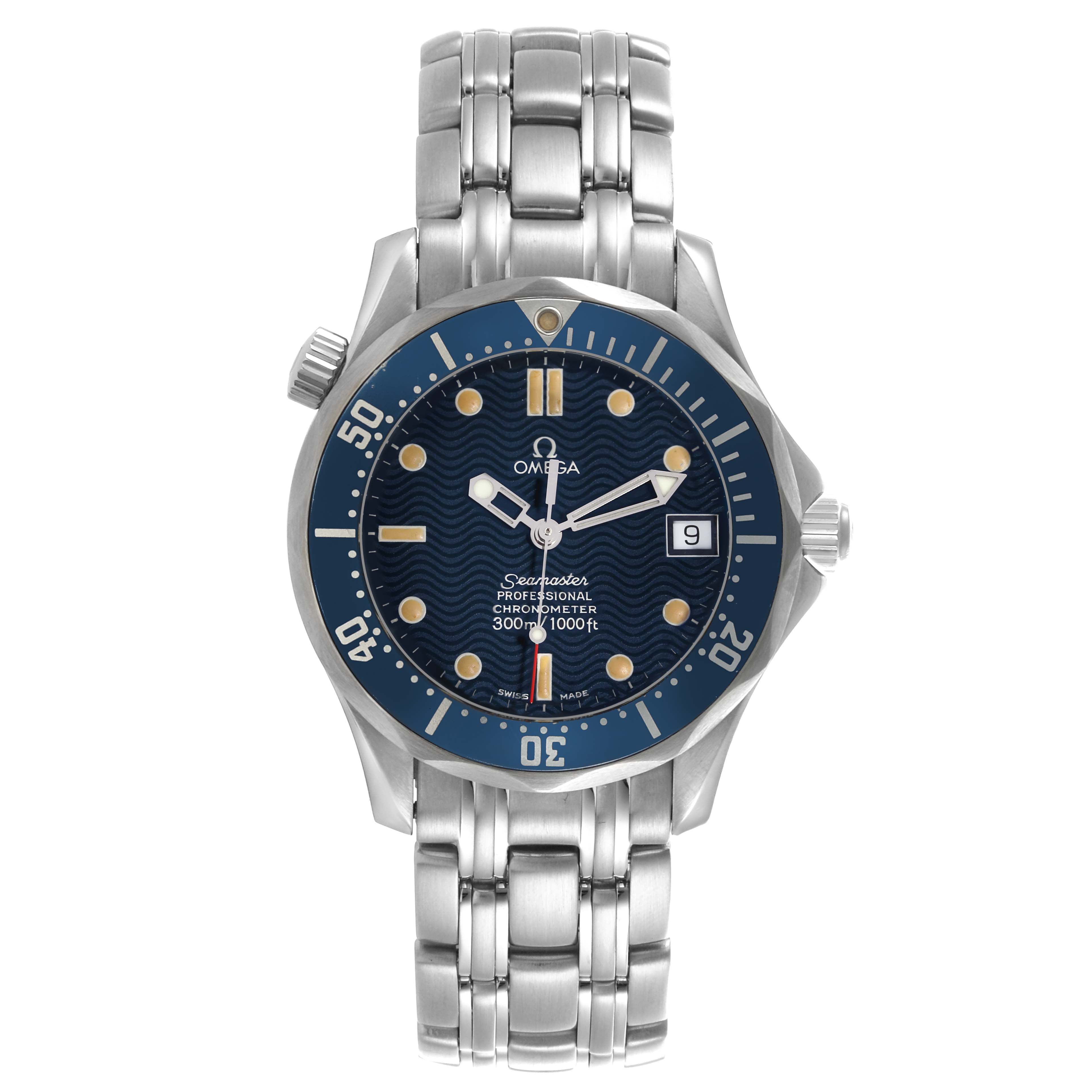 The Omega Seamaster 2551.80.00 Men
s Stainless Steel Blue Dial 2551.80.00 Men
s Stainless Steel Blue Dial watch is shown from a front angle, displaying the bezel, dial, hands, bracelet, and crown.