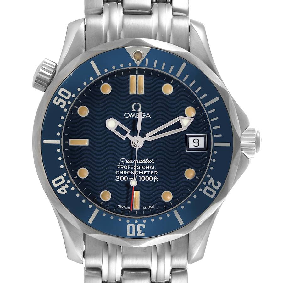 The Omega Seamaster watch is shown from the front, displaying the face, bezel, and part of the bracelet.