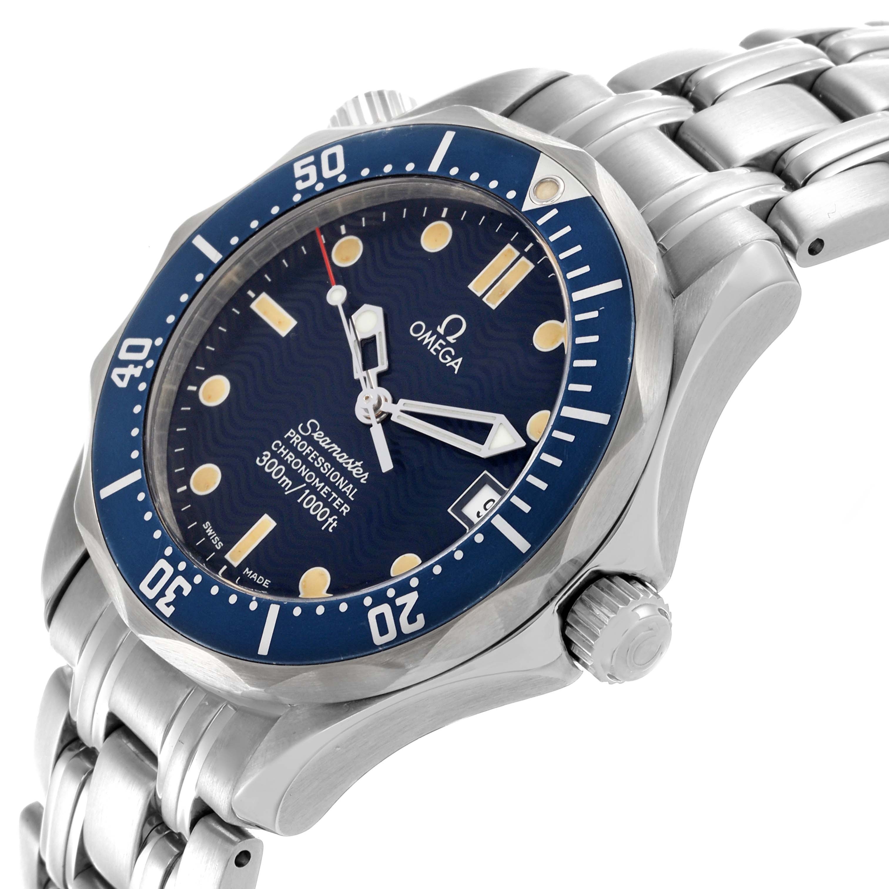 The Omega Seamaster 2551.80.00 Men
s Stainless Steel Blue Dial 2551.80.00 Men
s Stainless Steel Blue Dial watch is shown at an angled side view, highlighting the bezel, crown, and part of the bracelet.