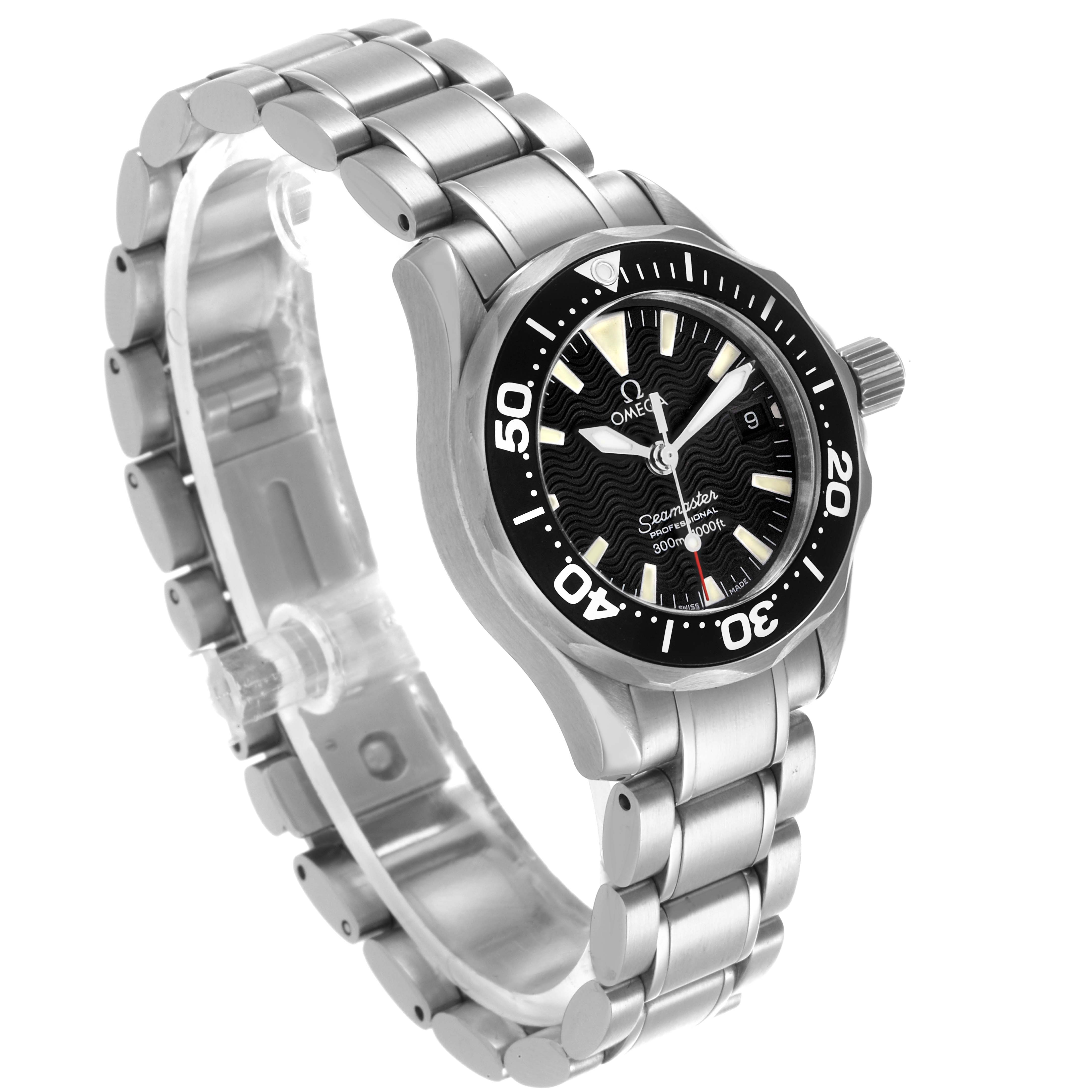 The Omega 2282.50.00 Women's Stainless Steel Black Dial 2282.50.00 Women's Stainless Steel Black Dial Seamaster Diver 300M Quartz 28mm is shown at a side angle, displaying the face, bezel, case, and bracelet.