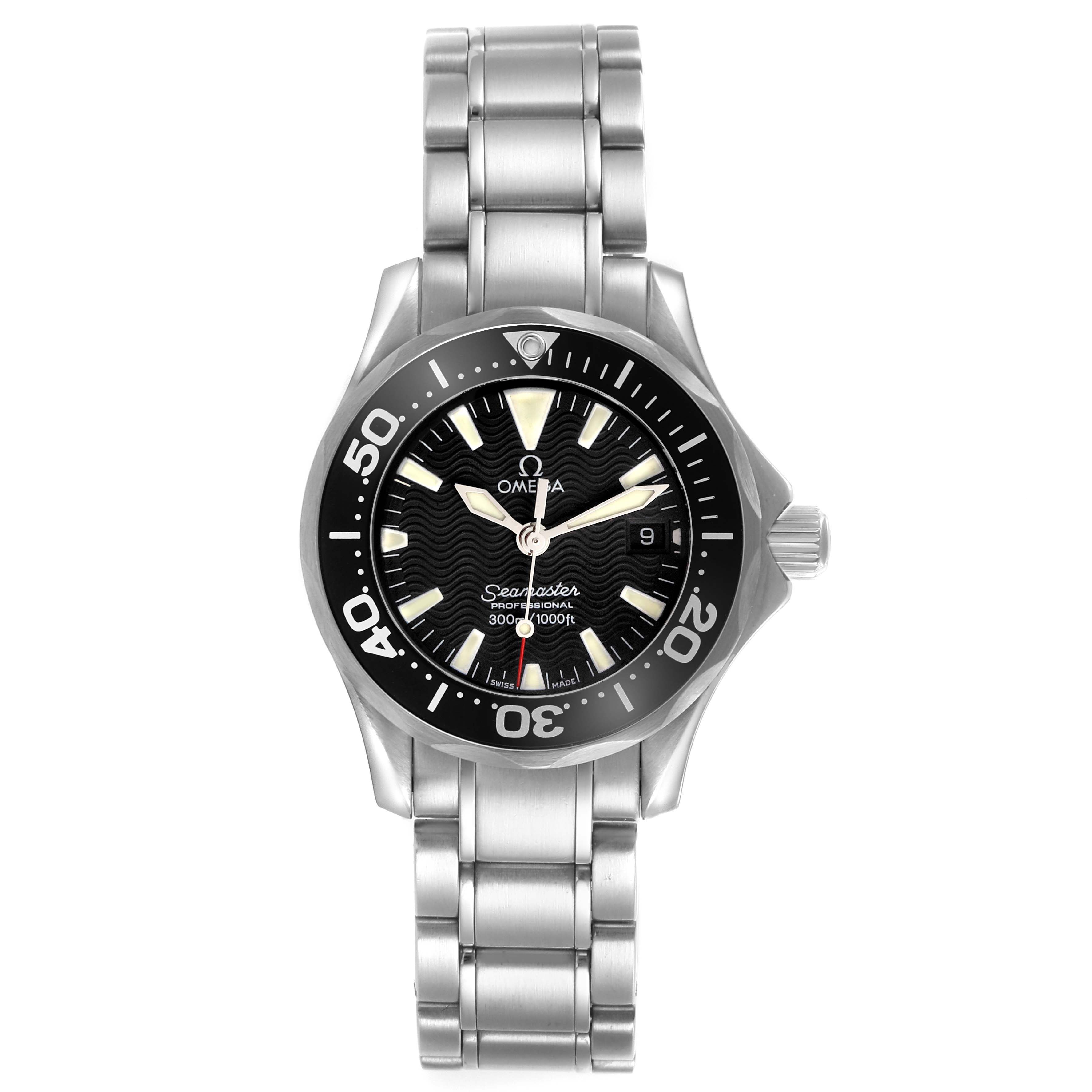 The Omega 2282.50.00 Women's Stainless Steel Black Dial 2282.50.00 Women's Stainless Steel Black Dial Seamaster Diver 300M Quartz 28mm watch is shown from the front, displaying the dial, bezel, and bracelet.