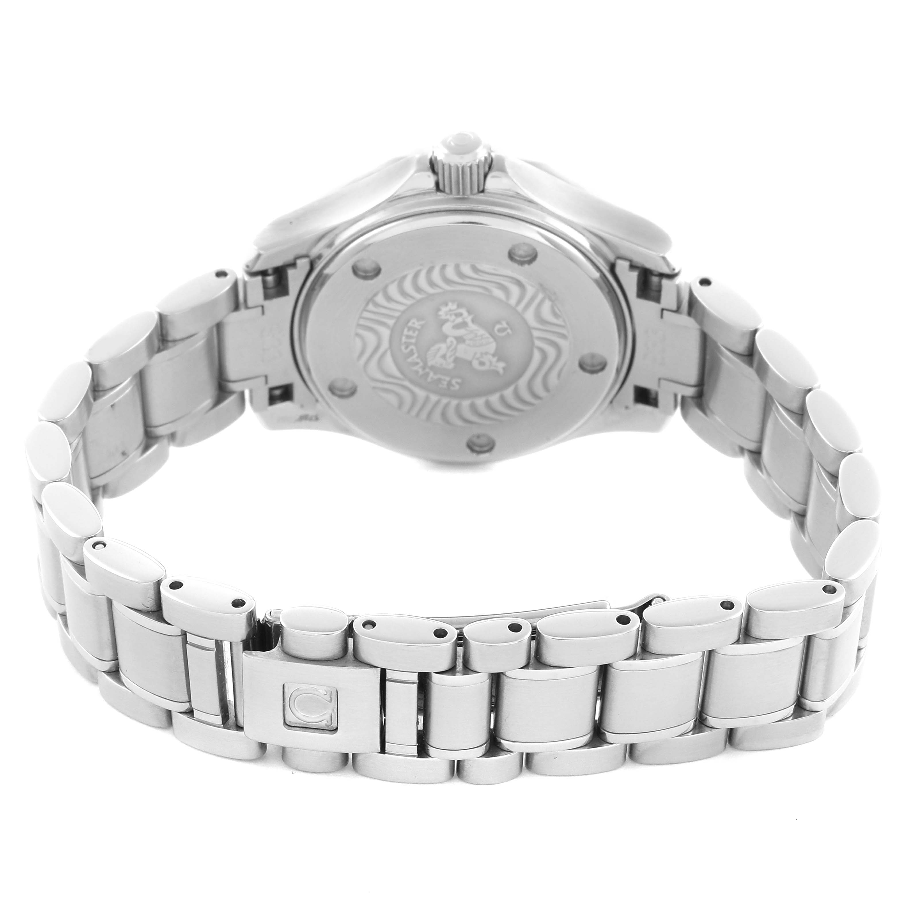 The Omega 2282.50.00 Women's Stainless Steel Black Dial 2282.50.00 Women's Stainless Steel Black Dial Seamaster Diver 300M Quartz 28mm shows the back case and partial bracelet link from a rear angle.