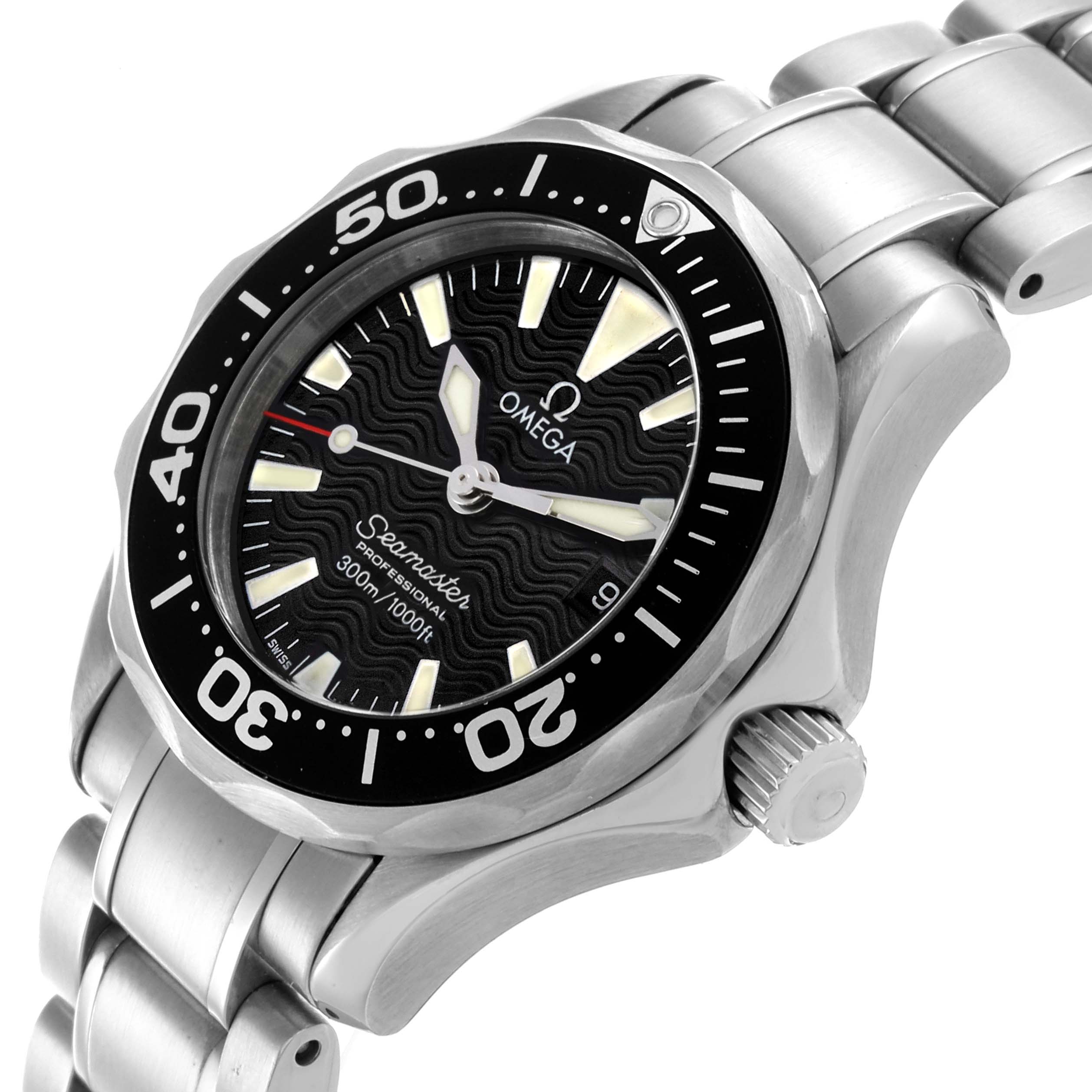 The Omega 2282.50.00 Women's Stainless Steel Black Dial 2282.50.00 Women's Stainless Steel Black Dial Seamaster Diver 300M is shown at an angle highlighting the bezel, dial, crown, and part of the bracelet.