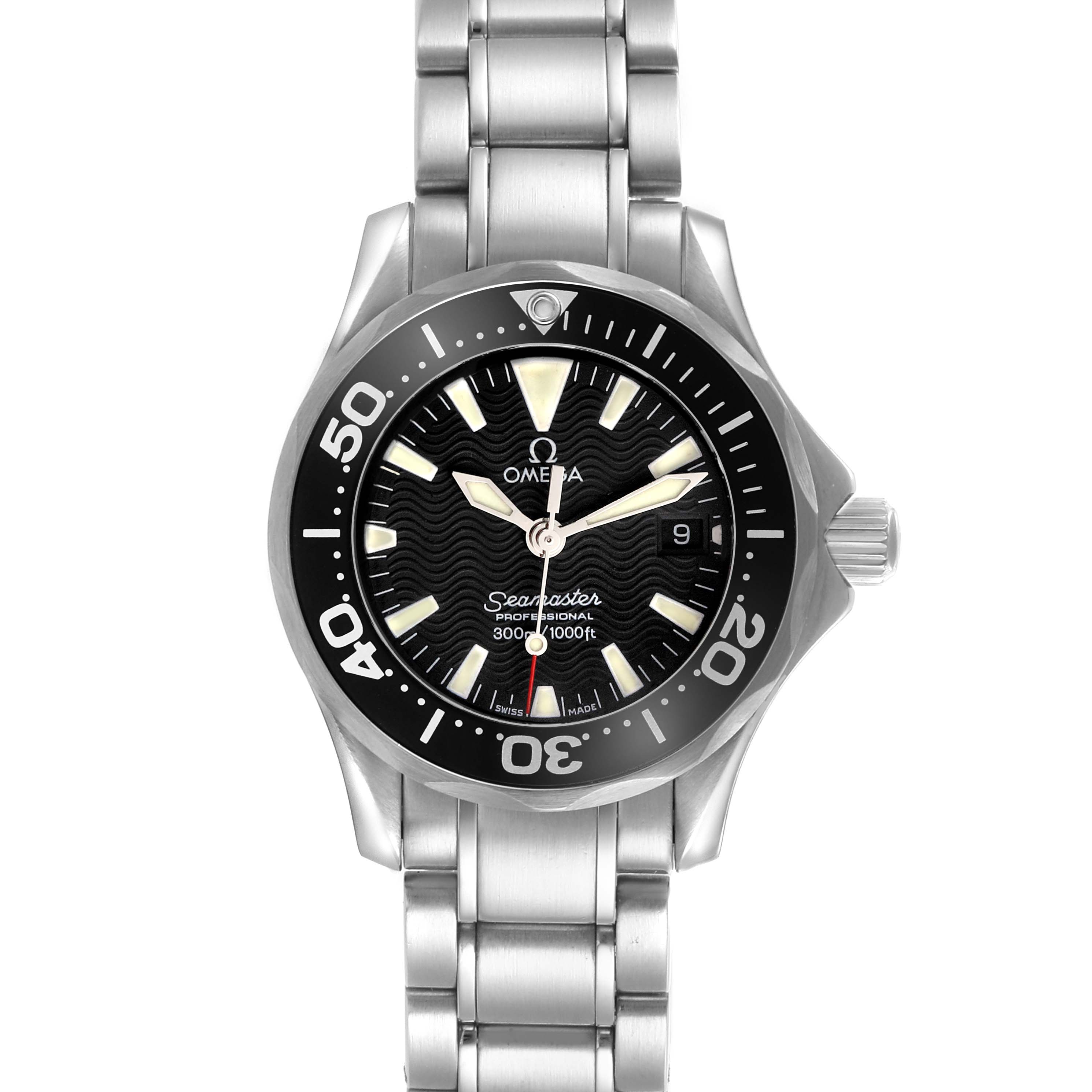 The Omega 2282.50.00 Women's Stainless Steel Black Dial 2282.50.00 Women's Stainless Steel Black Dial Seamaster Diver 300M Quartz 2282.50.00 is shown from the front, displaying the dial, bezel, crown, and bracelet.