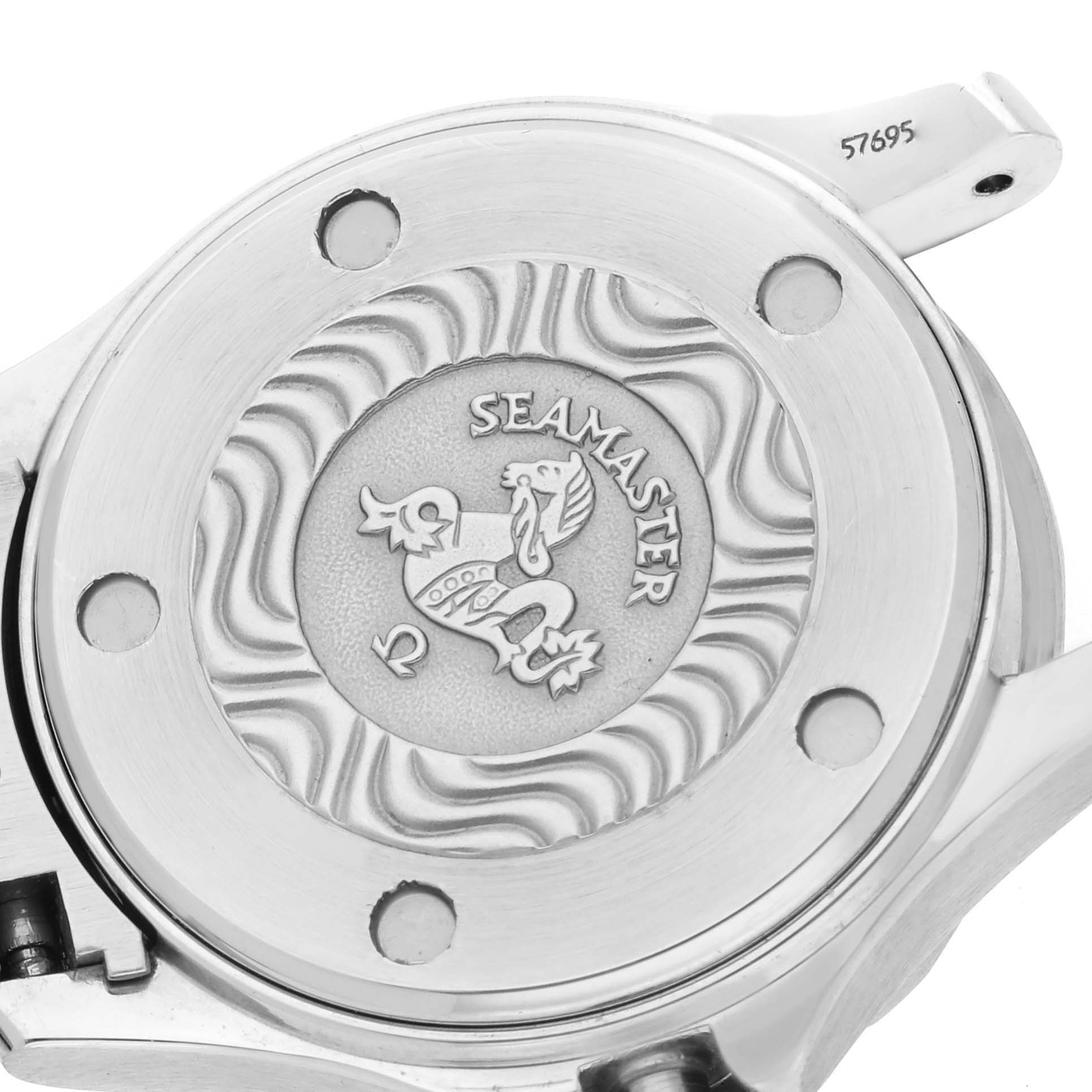 The image shows the back case of the Omega 2282.50.00 Women's Stainless Steel Black Dial 2282.50.00 Women's Stainless Steel Black Dial Seamaster Diver 300M Quartz 28mm Steel Ladies Watch, highlighting its emblem.