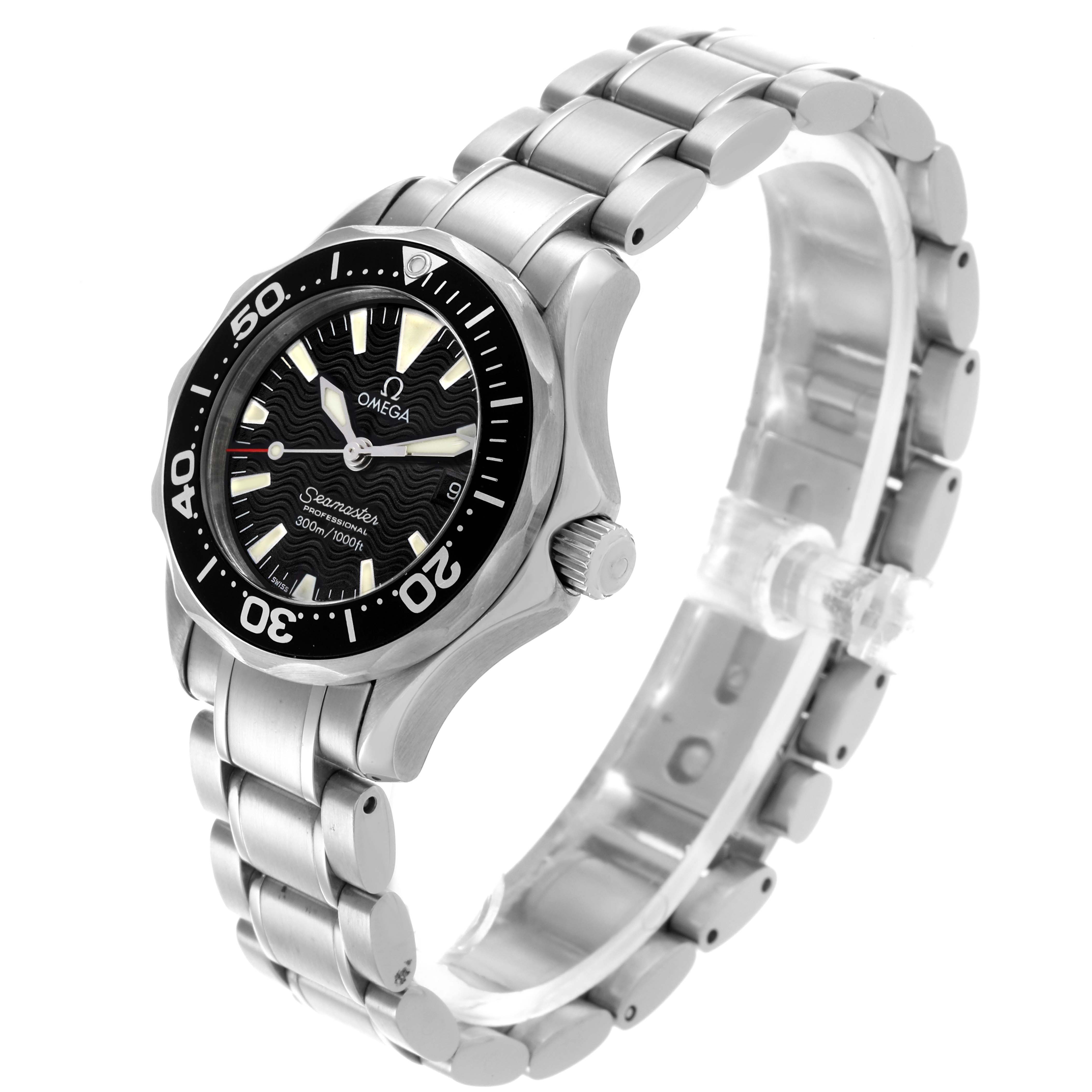 The Omega 2282.50.00 Women's Stainless Steel Black Dial 2282.50.00 Women's Stainless Steel Black Dial Seamaster Diver 300M Quartz 28mm is shown from a side angle, highlighting the steel bracelet, case, and bezel.