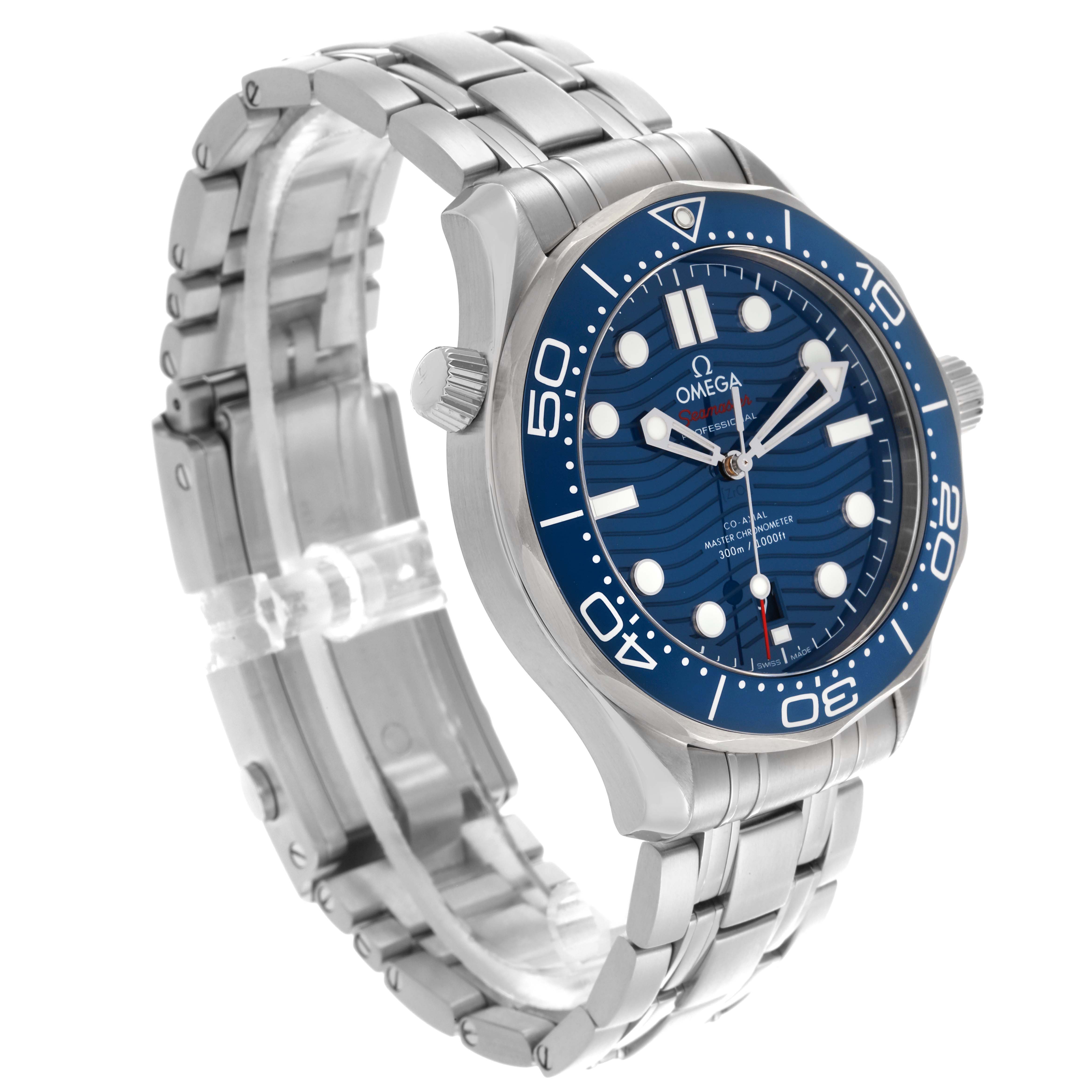 The Omega Seamaster 210.30.42.20.03.001 Men
s Stainless Steel Blue Dial 210.30.42.20.03.001 Men
s Stainless Steel Blue Dial watch is shown at a three-quarter angle, displaying the face, case, crown, and bracelet.