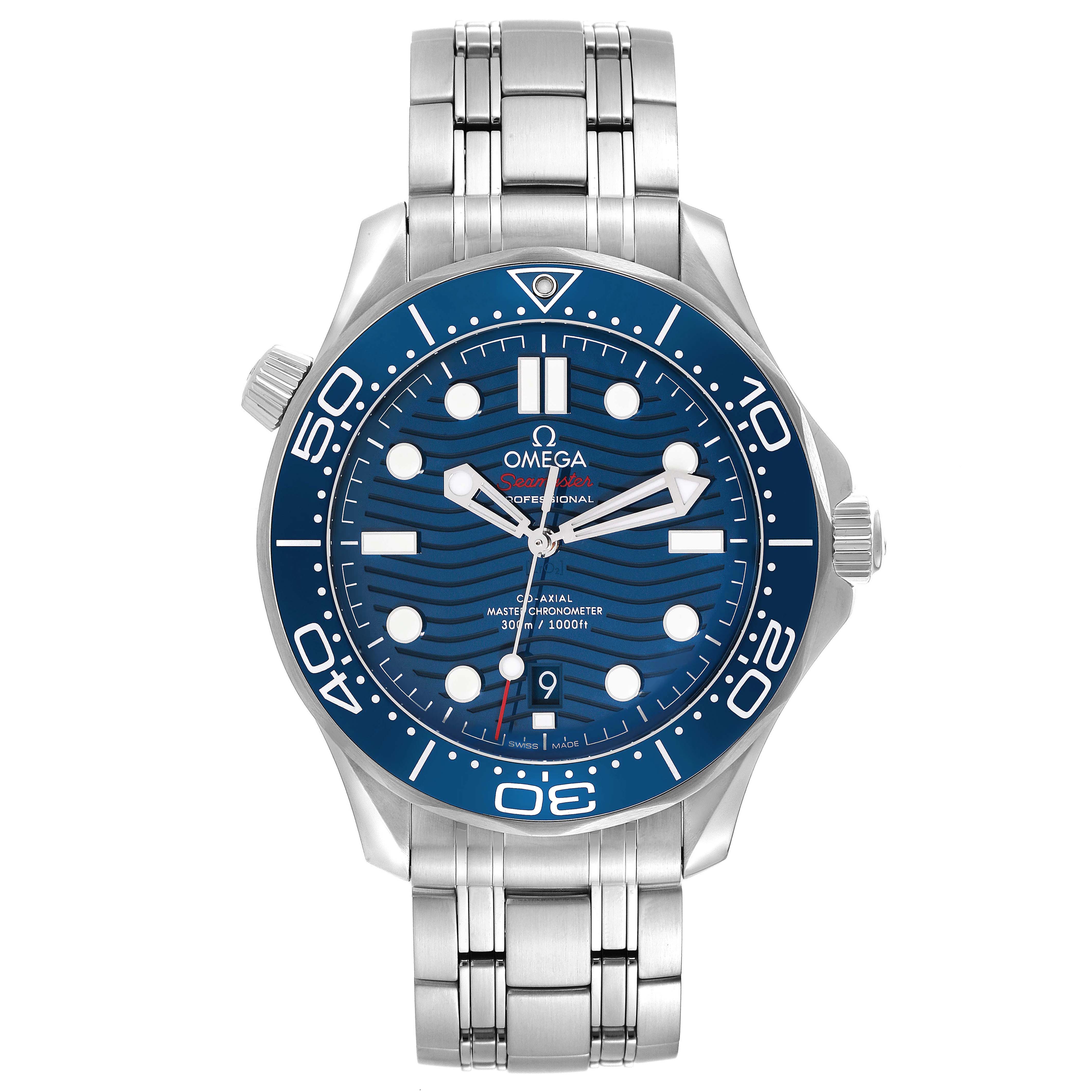 The Omega Seamaster 210.30.42.20.03.001 Men
s Stainless Steel Blue Dial 210.30.42.20.03.001 Men
s Stainless Steel Blue Dial watch is shown front and center, displaying the dial, bezel, and stainless steel bracelet.