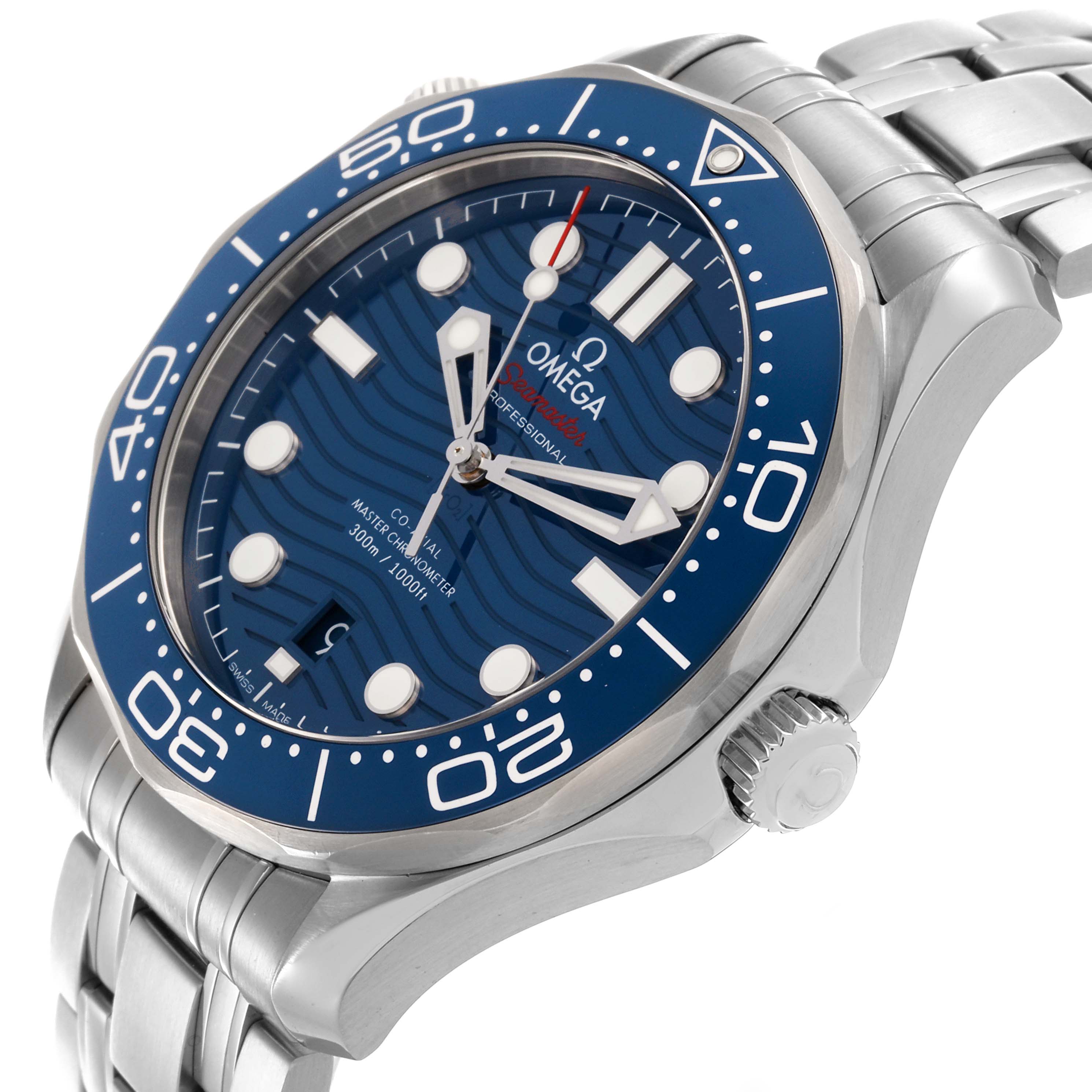The Omega Seamaster 210.30.42.20.03.001 Men
s Stainless Steel Blue Dial 210.30.42.20.03.001 Men
s Stainless Steel Blue Dial watch is shown at an angle highlighting the dial, bezel, and crown.
