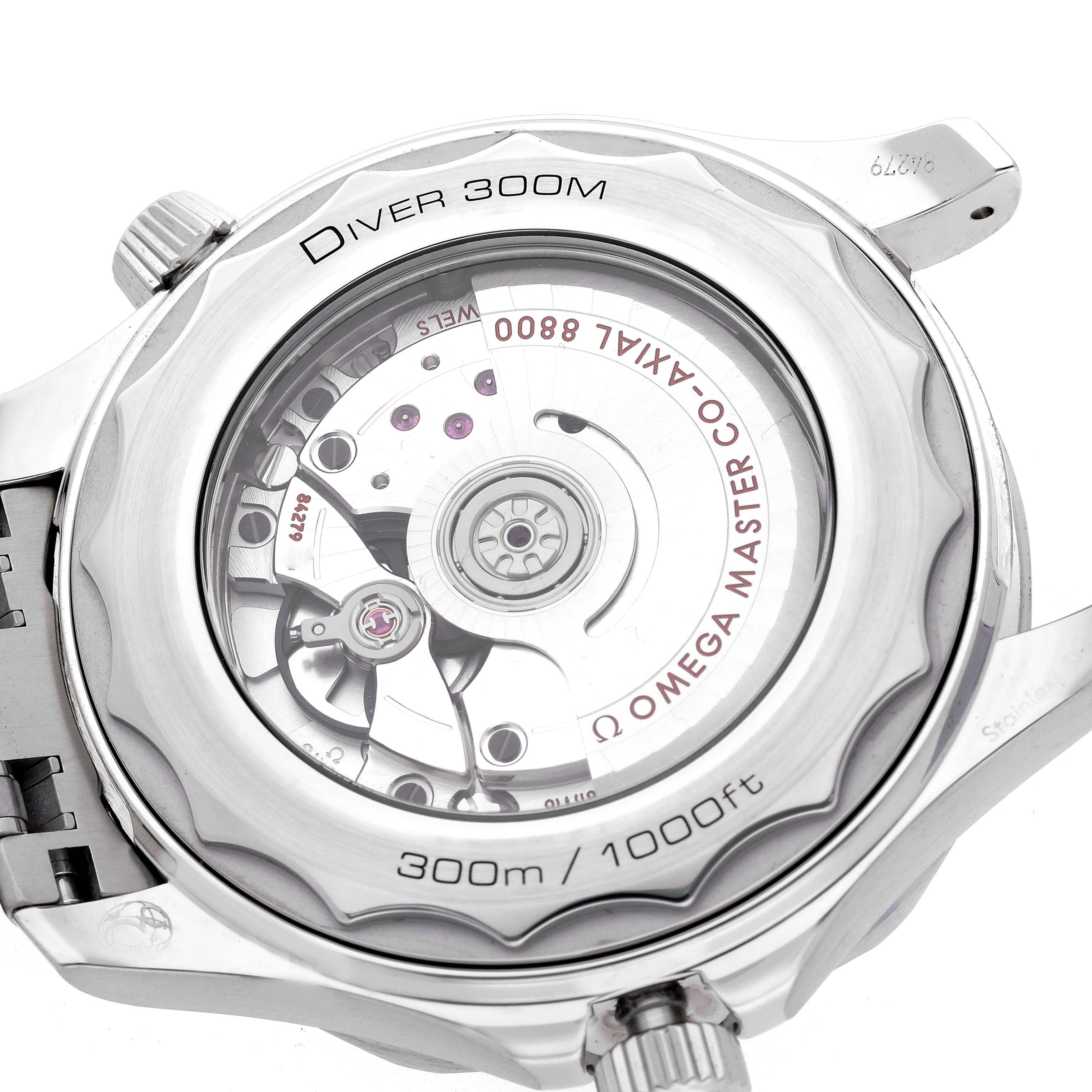 The image shows the back of the Omega Seamaster 210.30.42.20.03.001 Men
s Stainless Steel Blue Dial 210.30.42.20.03.001 Men
s Stainless Steel Blue Dial, highlighting its exposed movement and water resistance details.