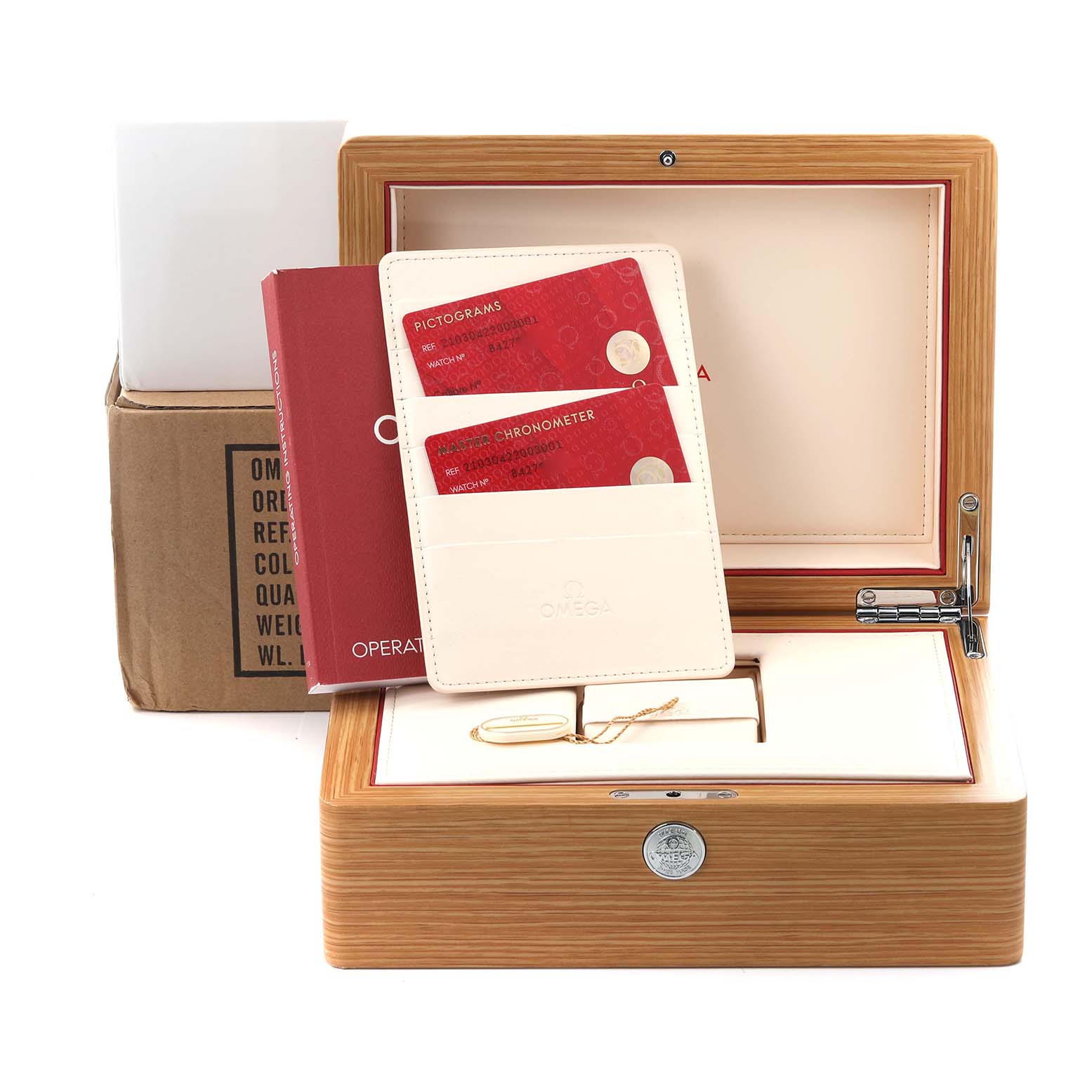 The image shows the Omega Seamaster 210.30.42.20.03.001 Men
s Stainless Steel Blue Dial 210.30.42.20.03.001 Men
s Stainless Steel Blue Dial watch box, warranty cards, manual, and packaging from a front angle.