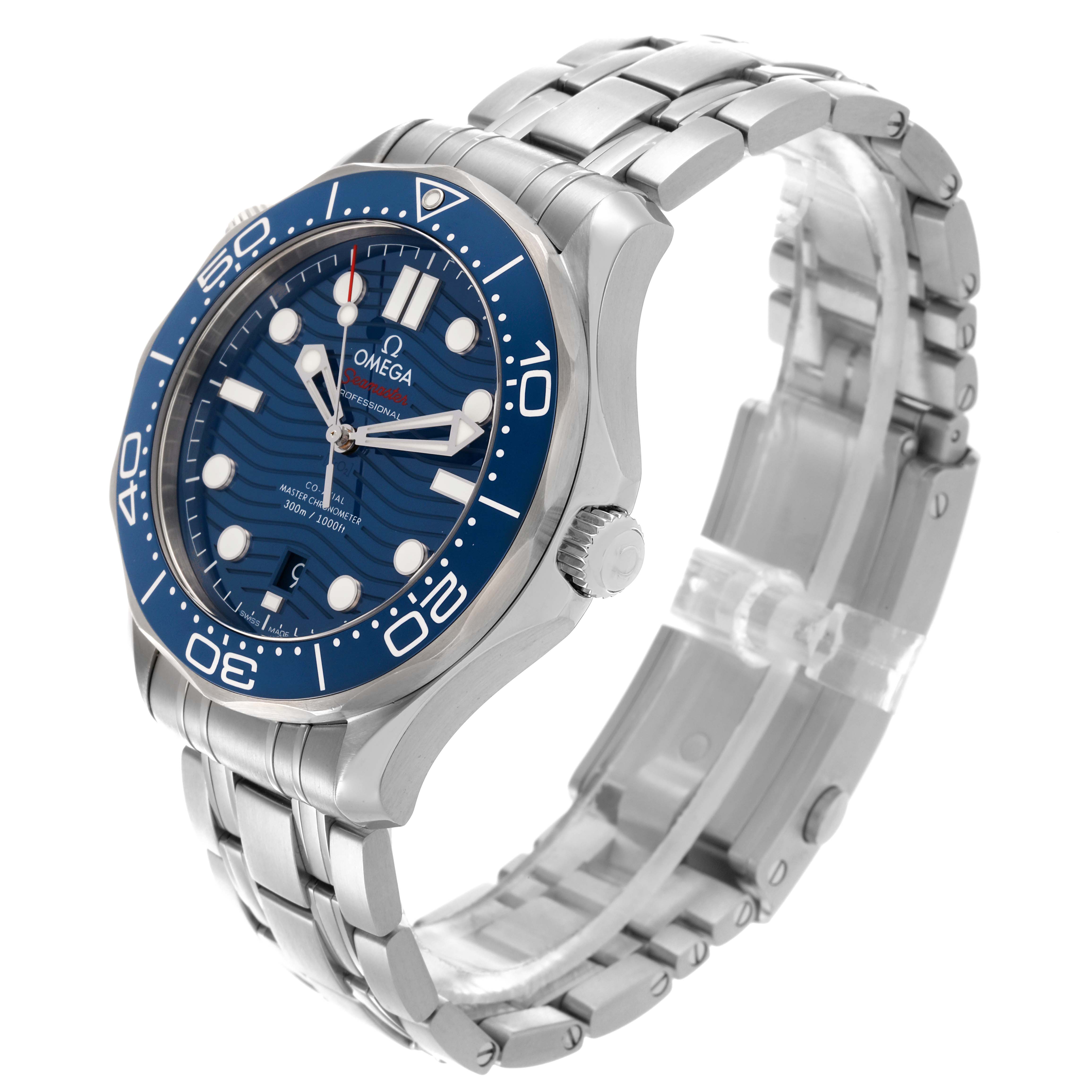 The Omega Seamaster 210.30.42.20.03.001 Men
s Stainless Steel Blue Dial 210.30.42.20.03.001 Men
s Stainless Steel Blue Dial model is shown at a slight angle, displaying its dial, bezel, crown, and stainless steel bracelet.