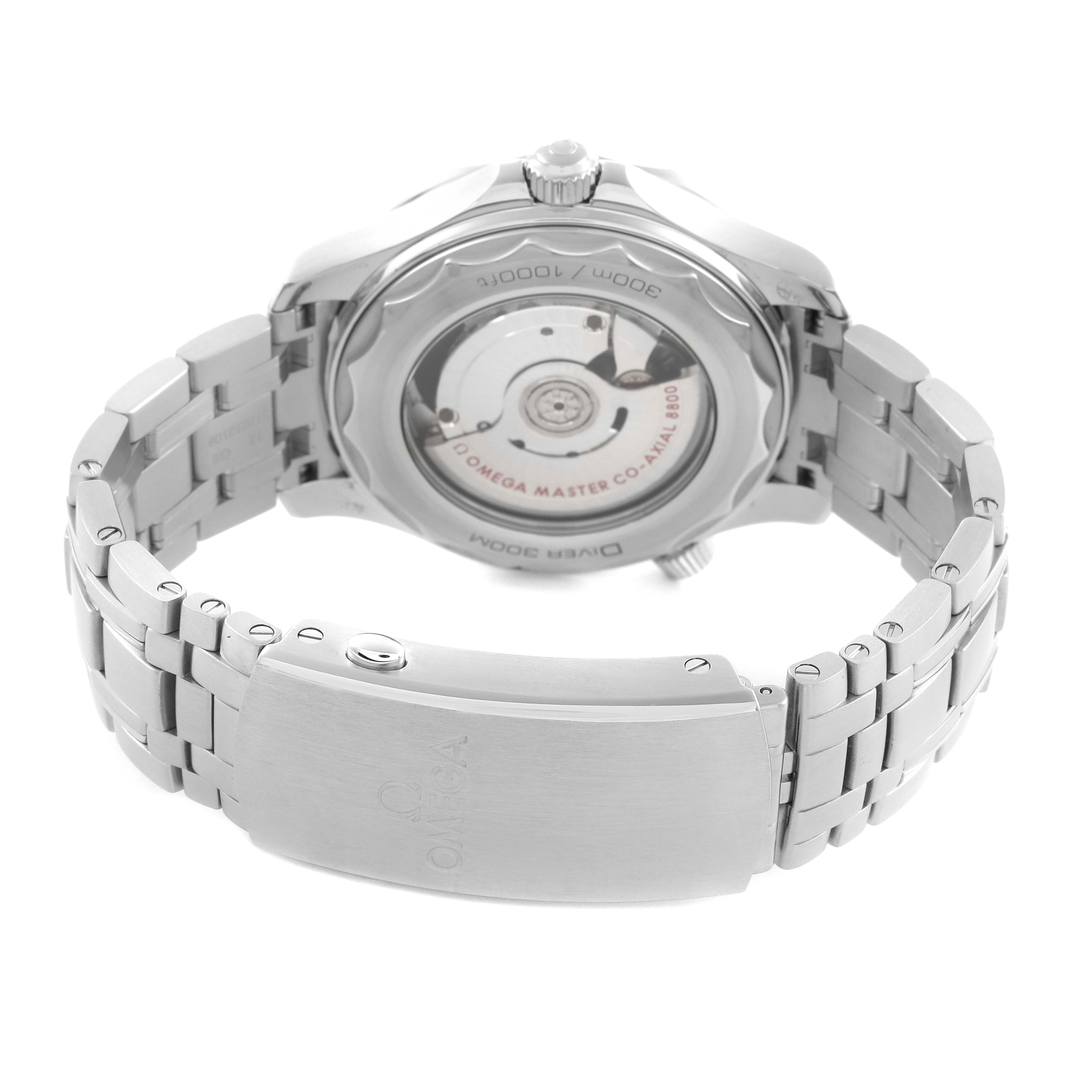 The Omega Seamaster 210.30.42.20.03.001 Men
s Stainless Steel Blue Dial 210.30.42.20.03.001 Men
s Stainless Steel Blue Dial watch is shown from the back, highlighting the clasp and transparent case showing the movement.