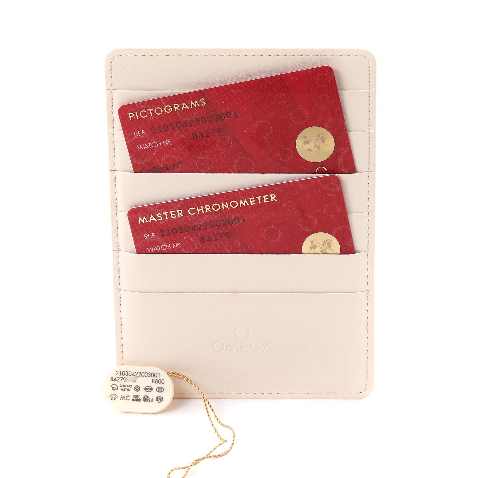 The image shows Omega Seamaster 210.30.42.20.03.001 Men
s Stainless Steel Blue Dial 210.30.42.20.03.001 Men
s Stainless Steel Blue Dial model cards in a cardholder and a white tag with model details.