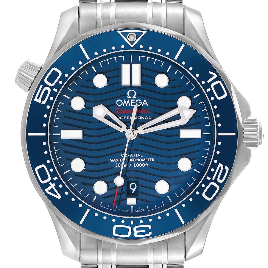 The image shows a front view of the Omega Seamaster watch, displaying the dial, bezel, and part of the metal bracelet.