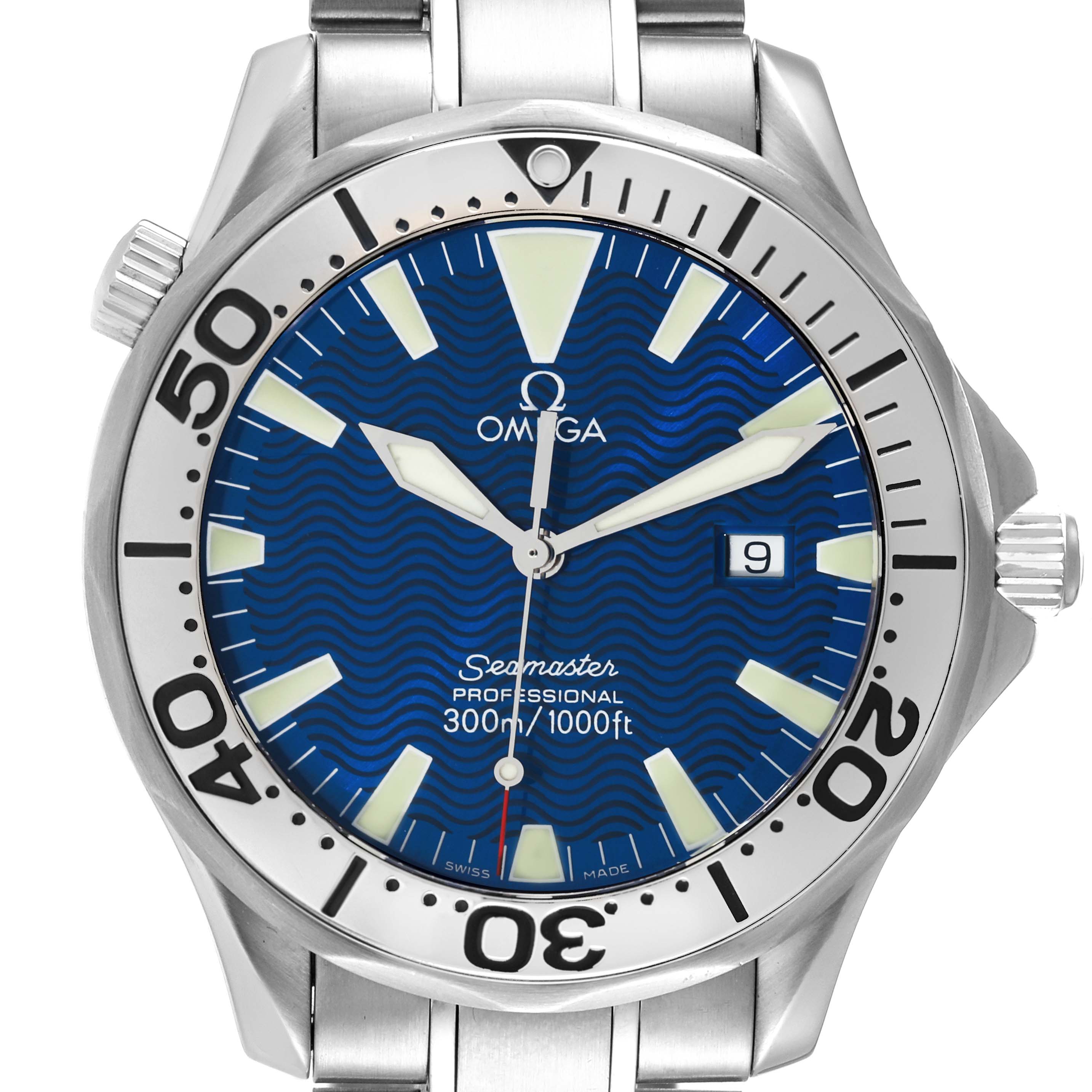 The image shows the dial and bezel of the Omega Seamaster 2265.80.00 Men's Stainless Steel Blue Dial 2265.80.00 Men's Stainless Steel Blue Dial watch, viewed from a straight-on angle.