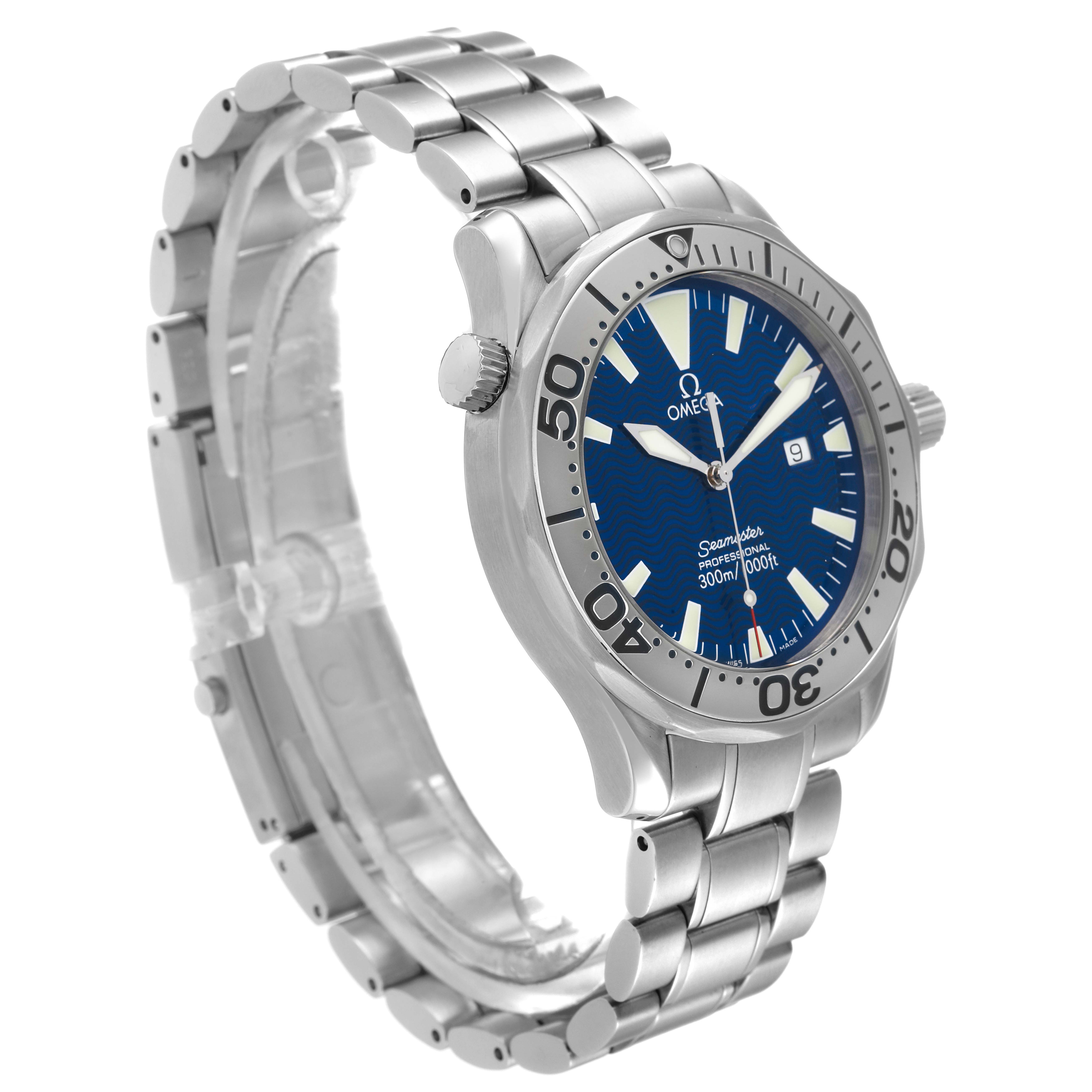 The Omega Seamaster 2265.80.00 Men's Stainless Steel Blue Dial 2265.80.00 Men's Stainless Steel Blue Dial watch is shown at a slight angle from the front, highlighting its blue dial, bezel, and metal bracelet.