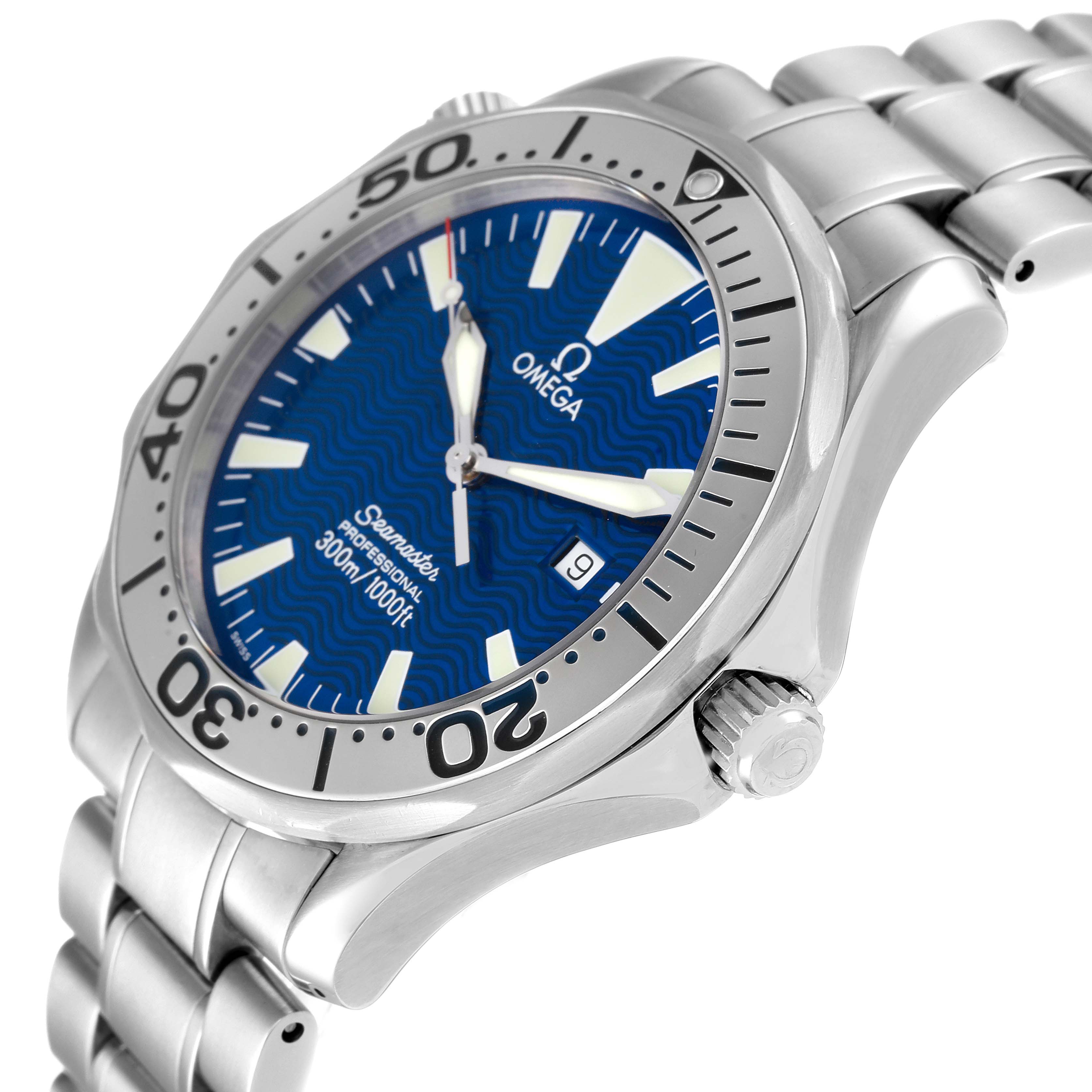 The Omega Seamaster 2265.80.00 Men's Stainless Steel Blue Dial 2265.80.00 Men's Stainless Steel Blue Dial watch is shown from a slight side angle, featuring the dial, bezel, crown, and part of the bracelet.