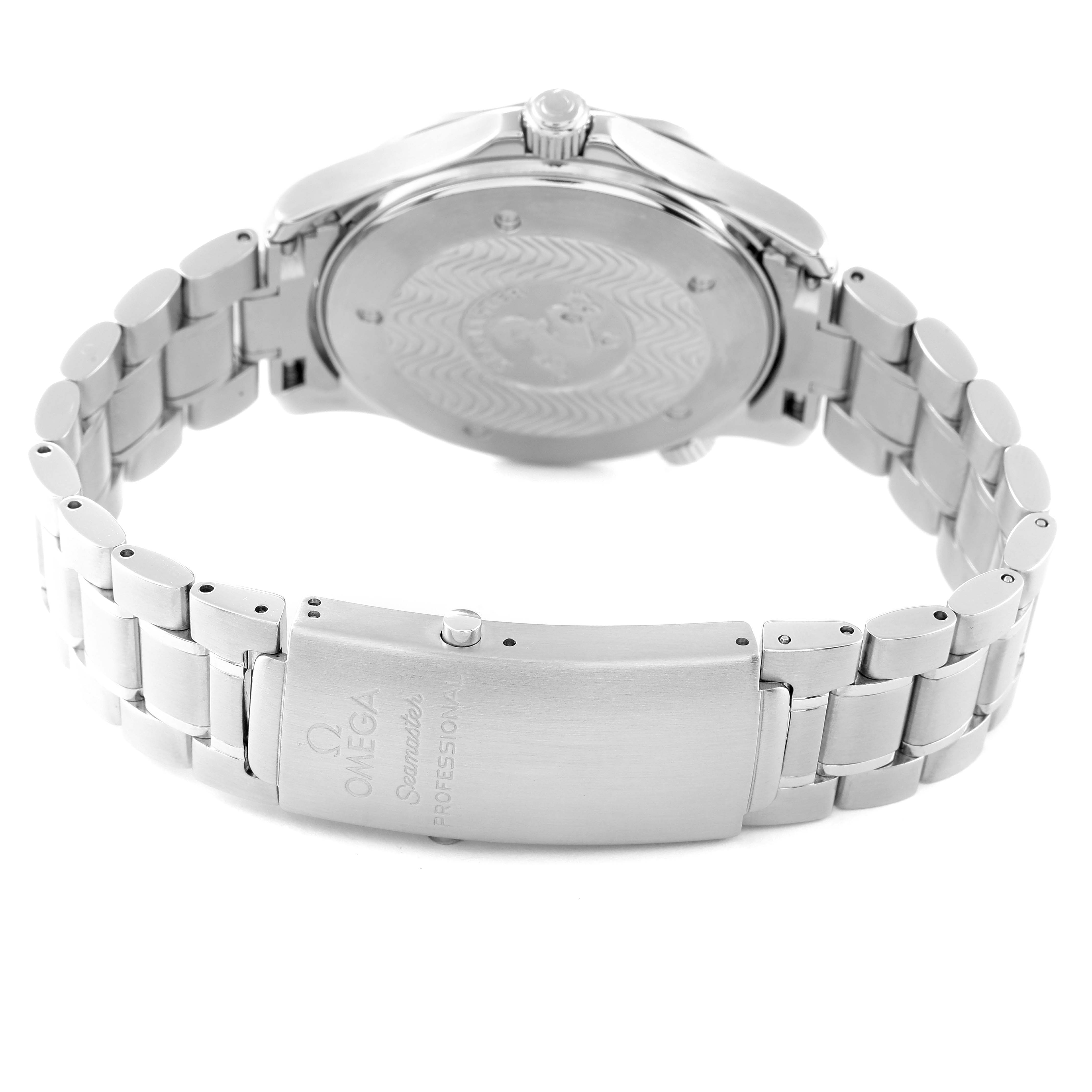 The image shows a rear angle of the Omega Seamaster 2265.80.00 Men's Stainless Steel Blue Dial 2265.80.00 Men's Stainless Steel Blue Dial watch, highlighting the case back and bracelet with the clasp marked "Omega Seamaster 2265.80.00 Men's Stainless Steel Blue Dial 2265.80.00 Men's Stainless Steel Blue Dial Professional."